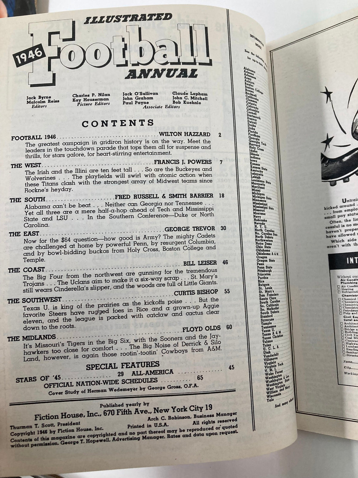 Interior page of the VTG Illustrated Football Annual 1946 displaying the table of contents, highlighting key articles and features related to football.