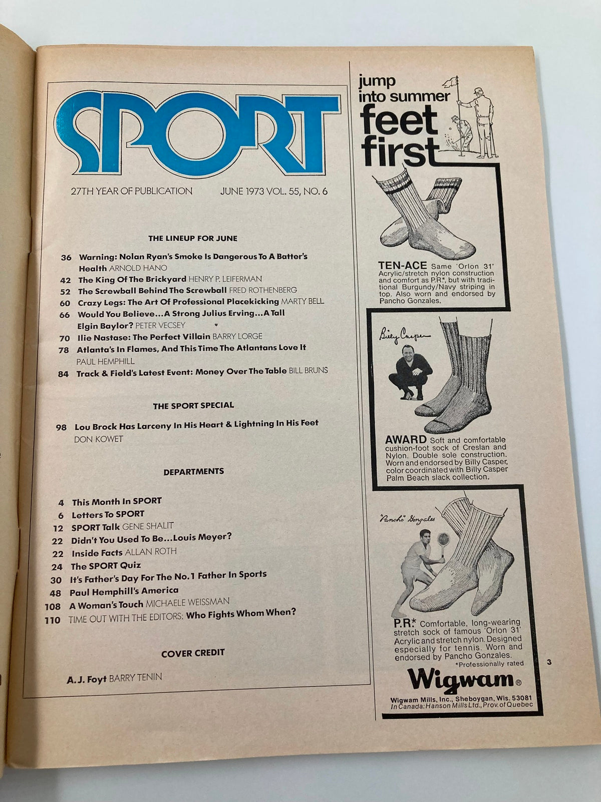 Interior page of VTG Sport Magazine June 1973 Vol 55 #6 displaying an article lineup and contents, highlighting sections related to A.J. Foyt and motorsports.
