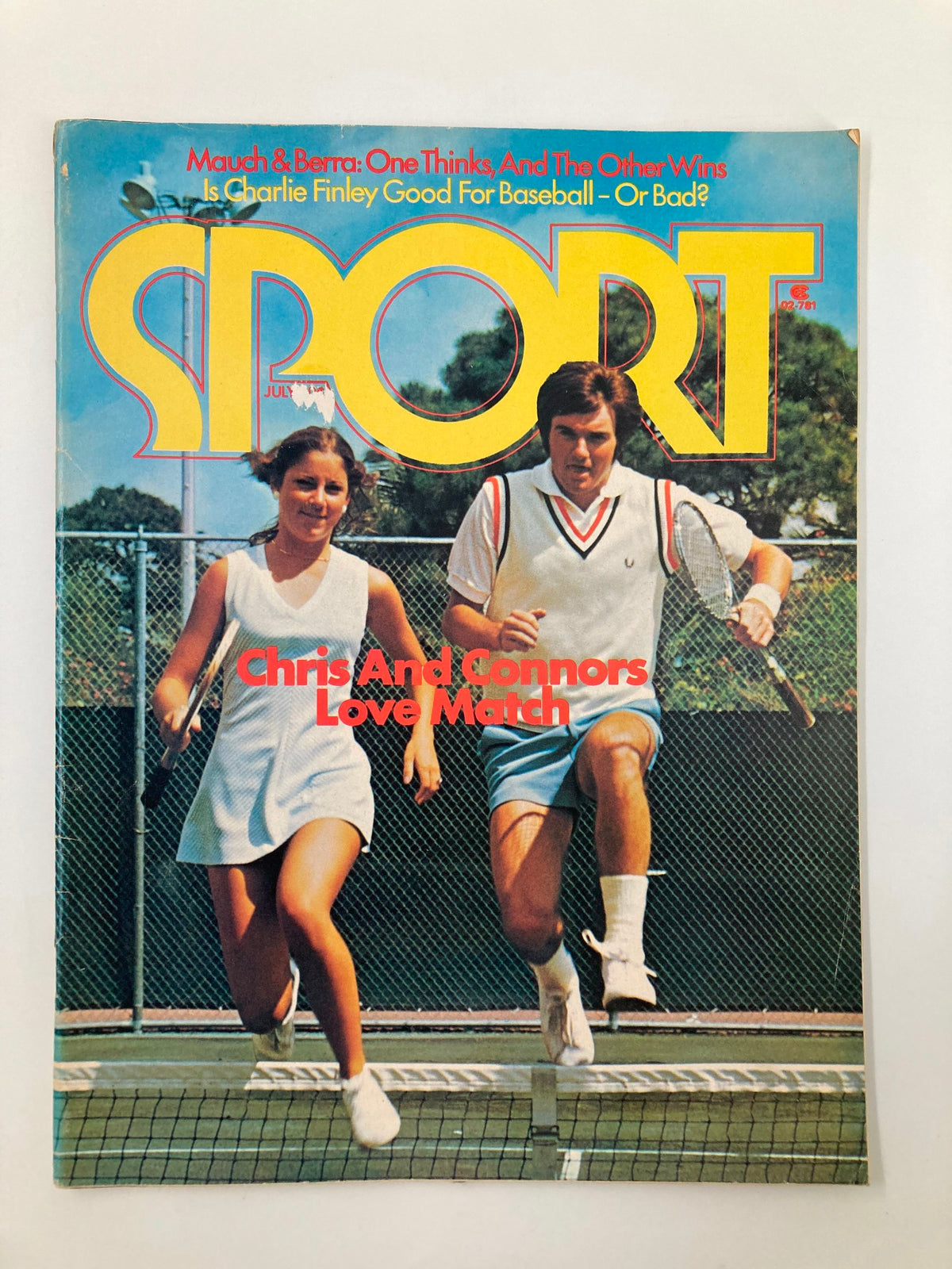 Sport Magazine July 1974, Vol 58 #1 featuring tennis legends Jimmy Connors and Chris Evert on the cover, showcasing the competitive spirit of 1970s tennis.