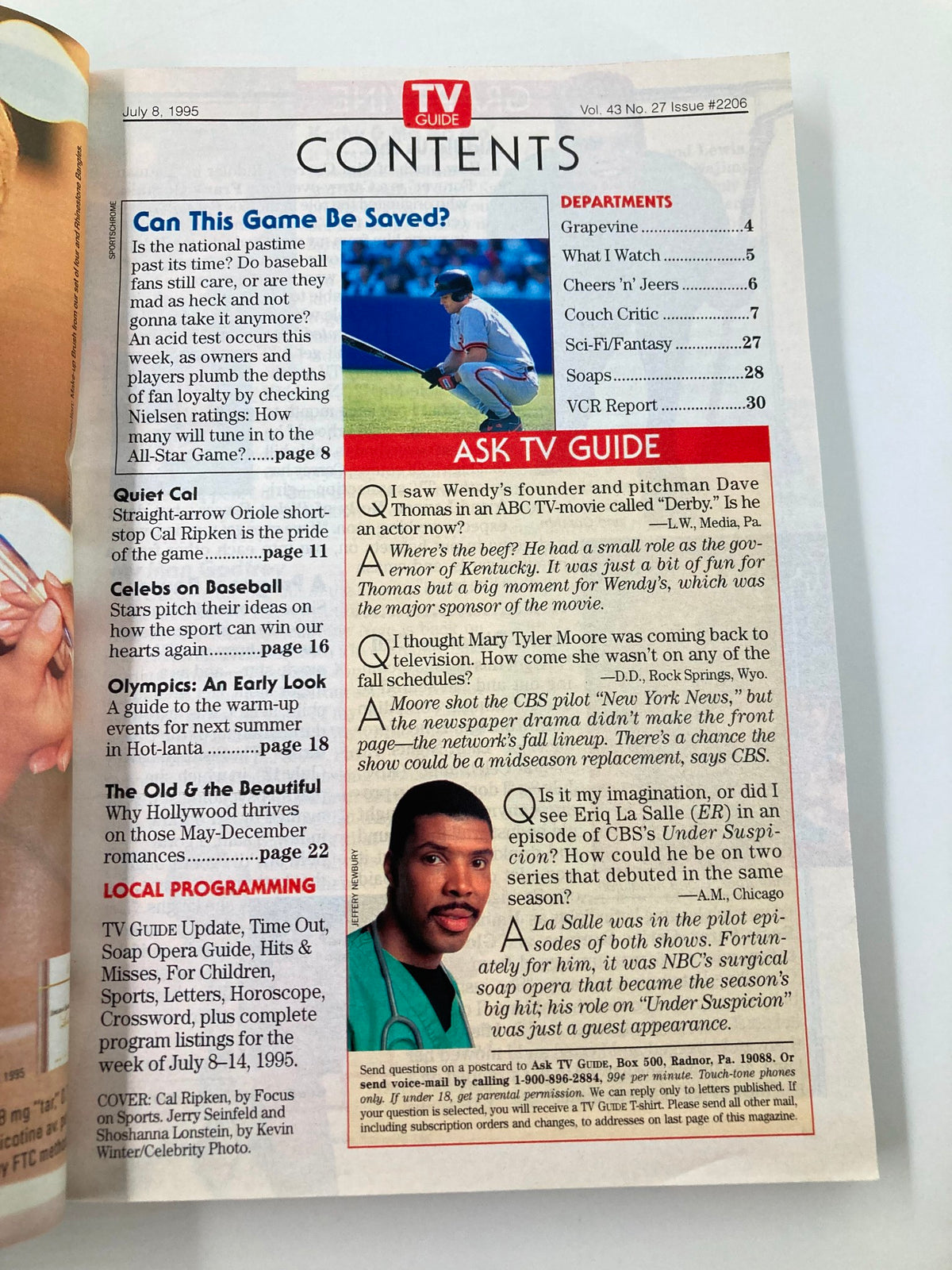 Inside contents page of TV Guide Magazine July 8 1995 showing the feature article on Cal Ripken Jr. and various television programs included in that edition.