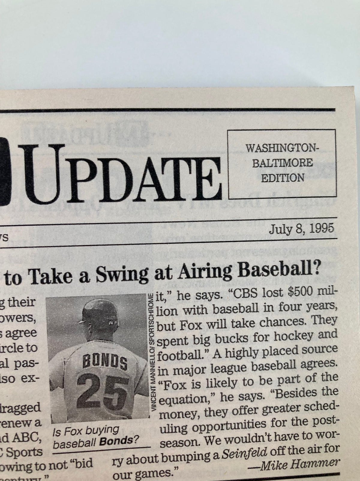 Update section from TV Guide Magazine July 8 1995 discussing baseball, with a focus on the Washington-Baltimore edition and key sports broadcasting updates.