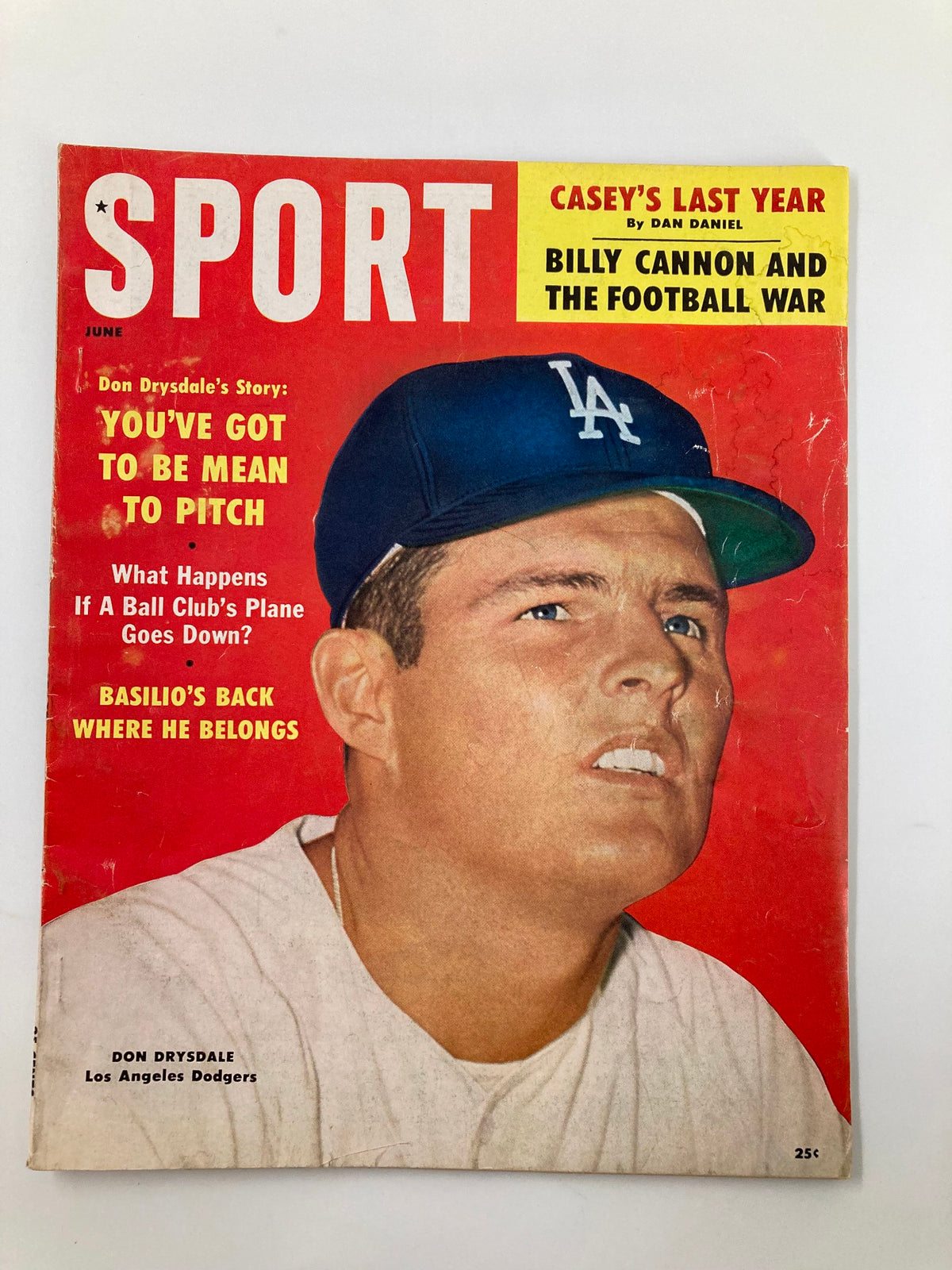 Cover of VTG Sport Magazine June 1960 featuring Don Drysdale of the Los Angeles Dodgers with a focus on his expression and baseball uniform.