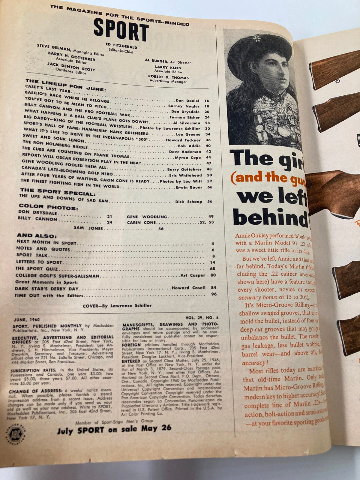 Interior page of VTG Sport Magazine June 1960 displaying the magazine's content lineup including articles and features related to Don Drysdale.