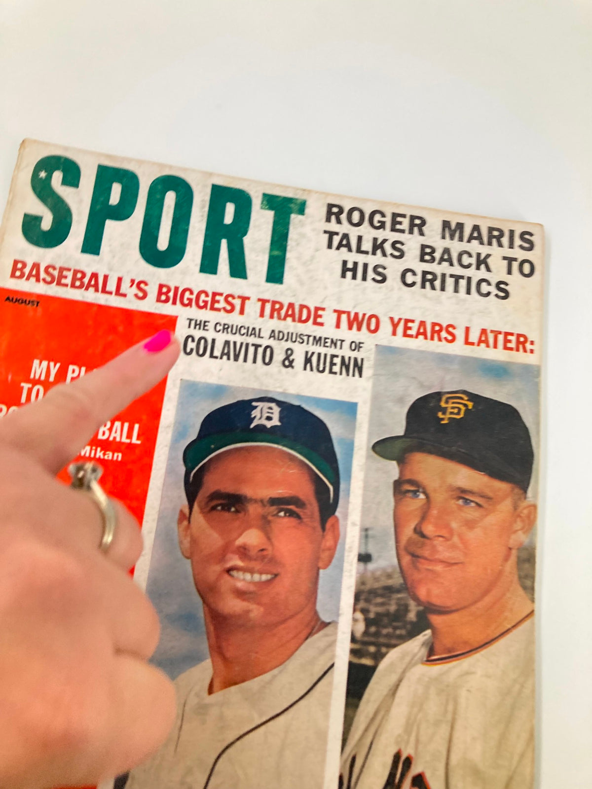 Close-up of the cover of VTG Sport Magazine August 1962, showing baseball players Rocky Colavito and Harvey Kuenn with text discussing Roger Maris and baseball's biggest trade.