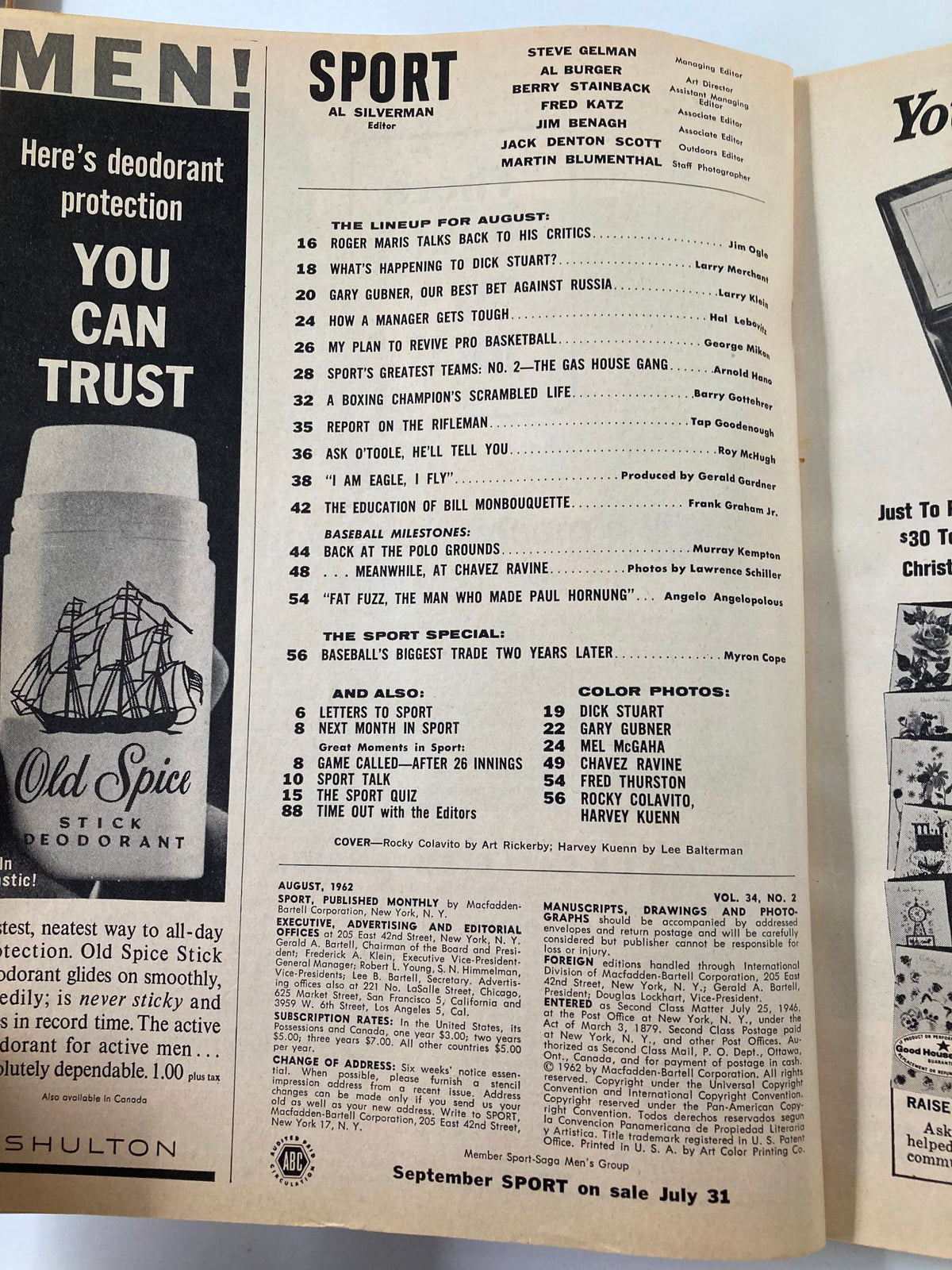 Interior page of the VTG Sport Magazine August 1962 displaying a lineup of articles, including features about baseball legends and sports history.