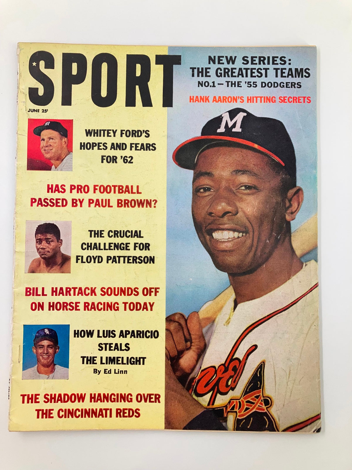 VTG Sport Magazine June 1962 cover featuring Hank Aaron, along with headlines about Whitey Ford and Luis Aparicio, showcasing the charm of vintage baseball history.