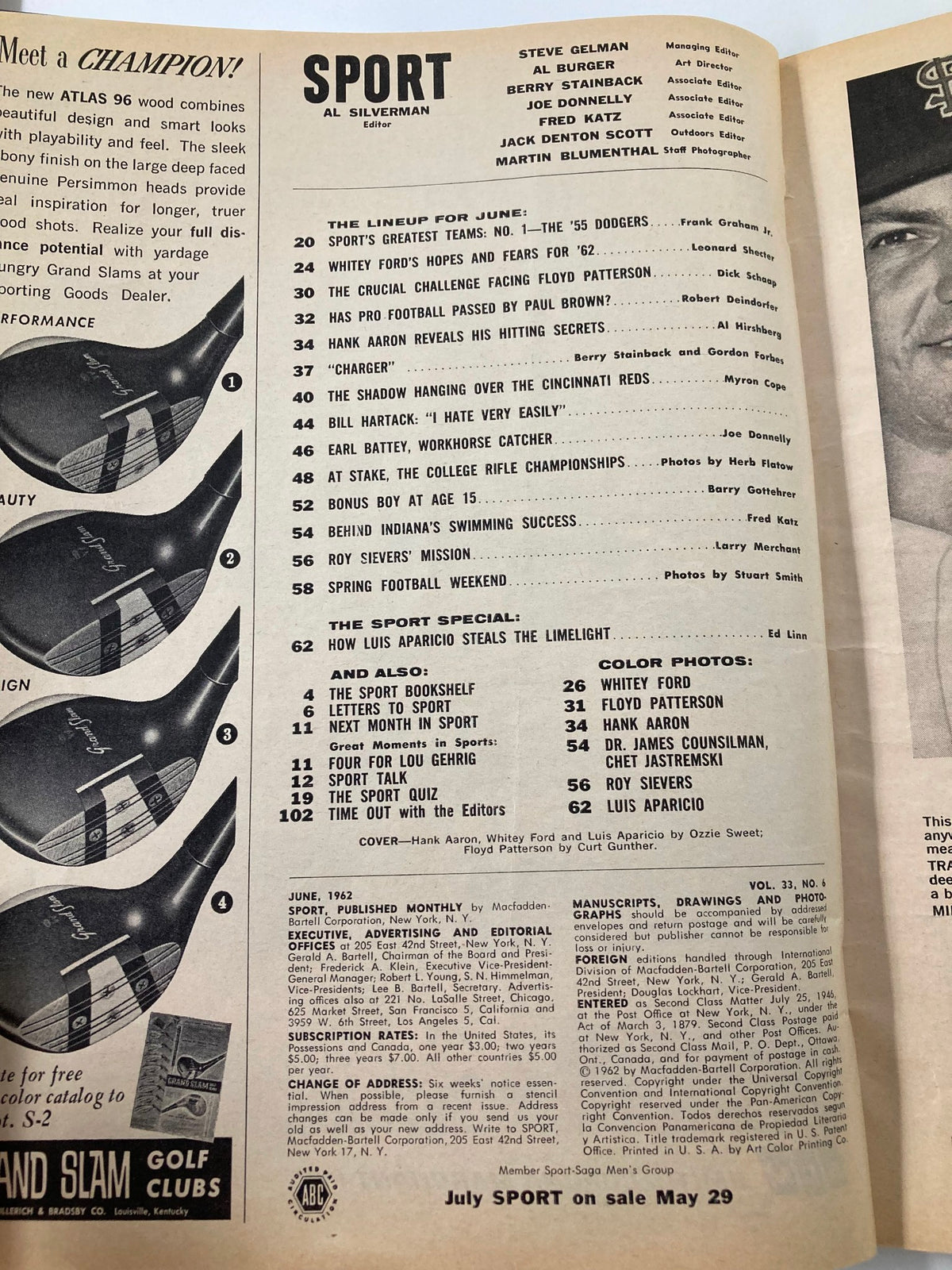 Inside page of VTG Sport Magazine June 1962 displaying the table of contents with articles including Whitey Ford's hopes for '62 and Hank Aaron's hitting secrets.