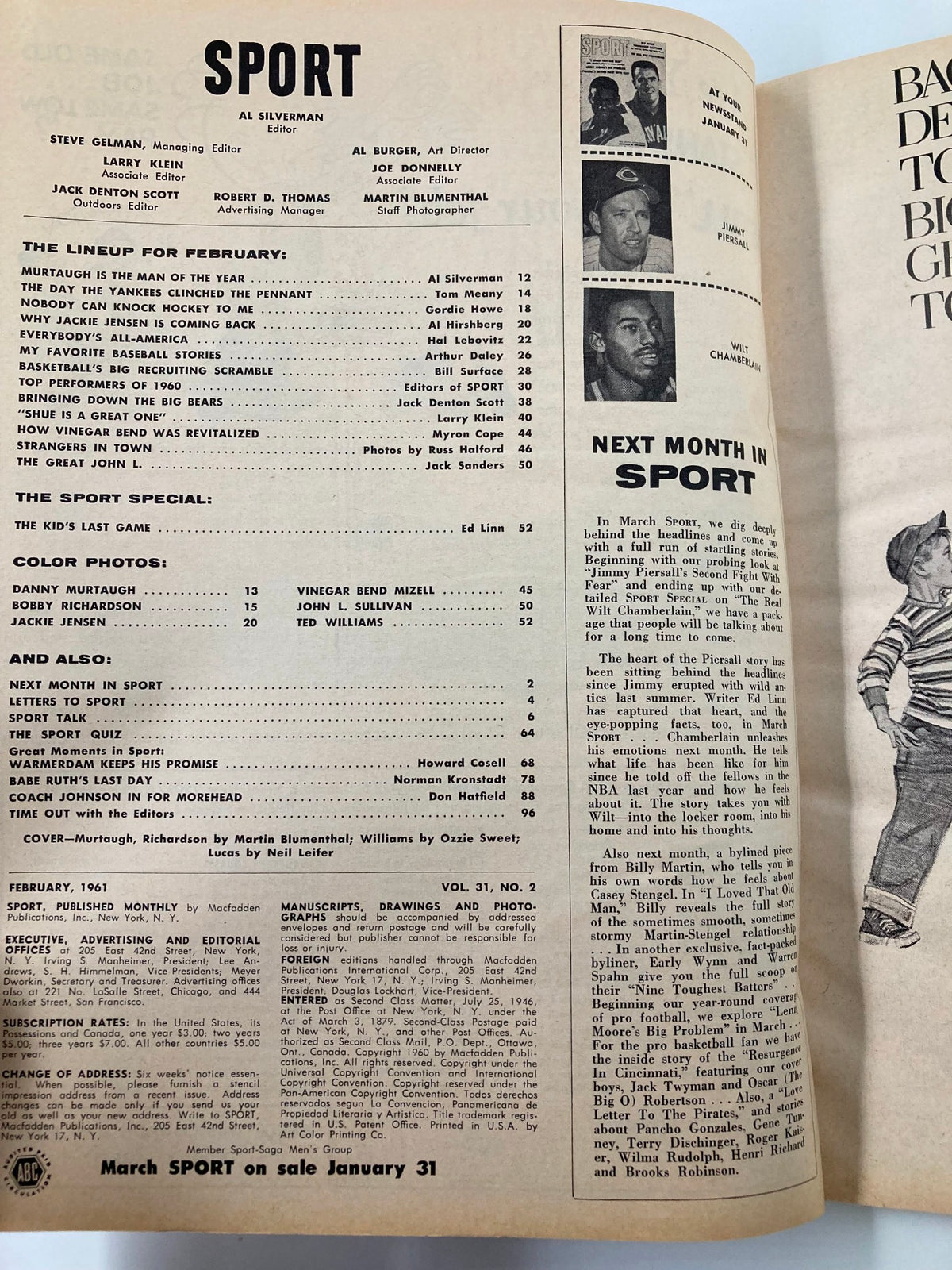 VTG Sport Magazine February 1961, featuring the lineup of articles including Murtaugh, Richardson, and Williams, showcasing the history of sports journalism.