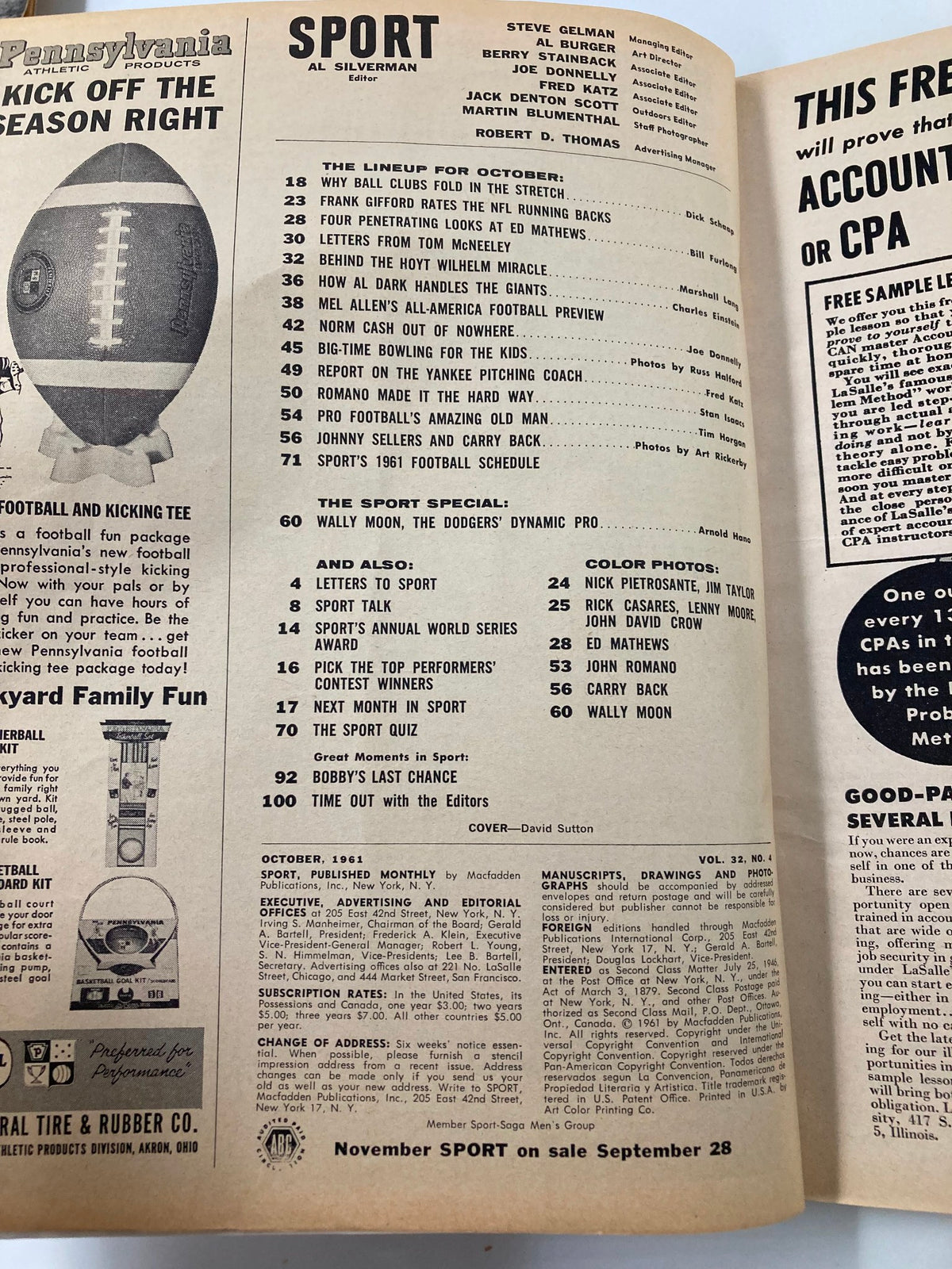 Inside page from the October 1961 VTG Sport Magazine showing the table of contents, including featured articles and notable sports personalities such as Wally Moon and Ed Matthews.