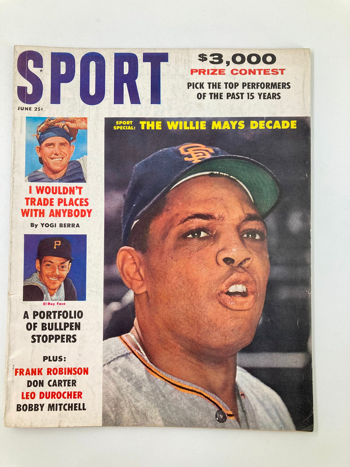 Vintage sports magazine cover from June 1961 featuring Willie Mays, Yogi Berra, and ElRoy Face. The title reads 'SPORT' and highlights the 'Willie Mays Decade' special inside.