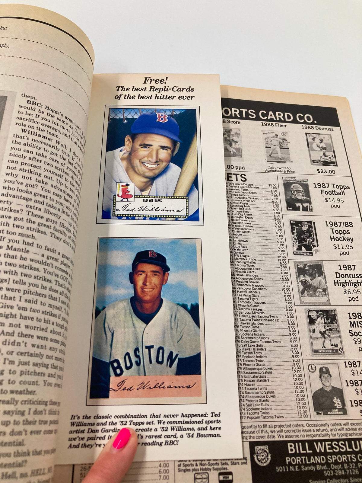 Page from Baseball Cards Magazine April 1988 displaying Repli-Cards of Ted Williams and an advertisement for baseball collectibles. This showcases the magazine’s focus on valuable cards.