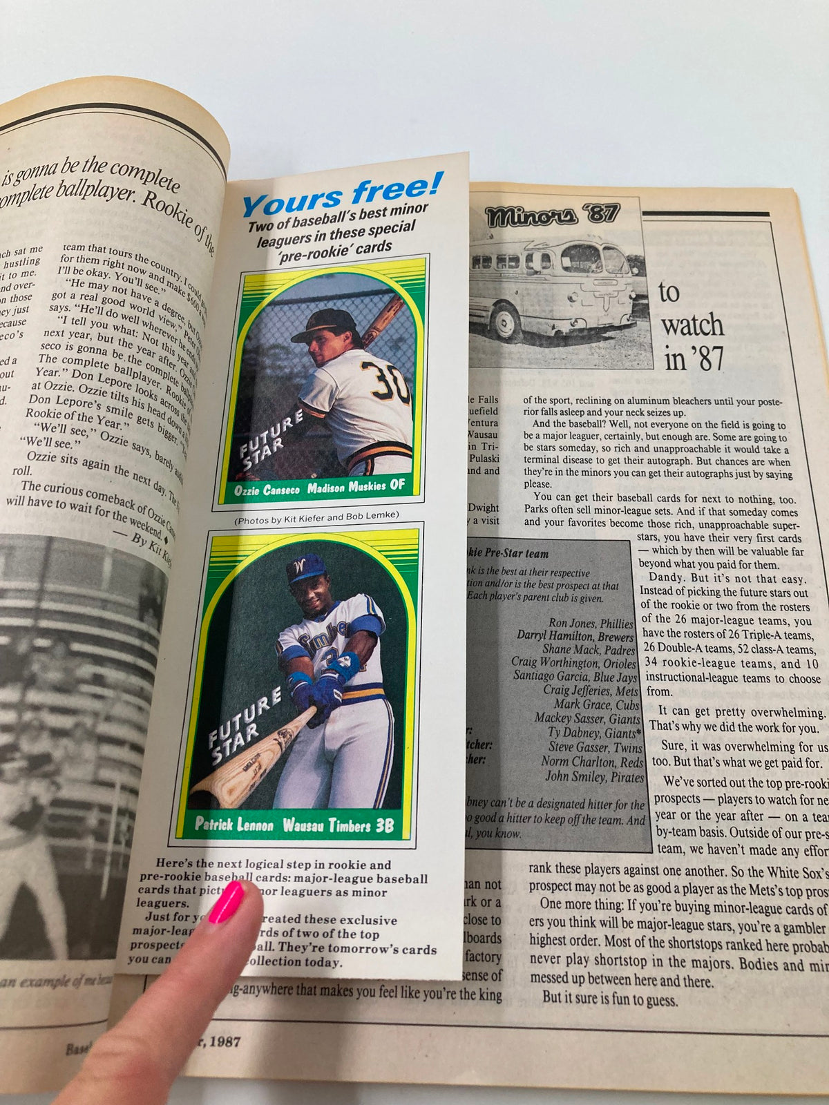 Another interior page of the VTG Baseball Cards Magazine September 1987, highlighting pre-rookie cards and featuring players Ozzie Canseco and Patrick Lennon in a vibrant layout.