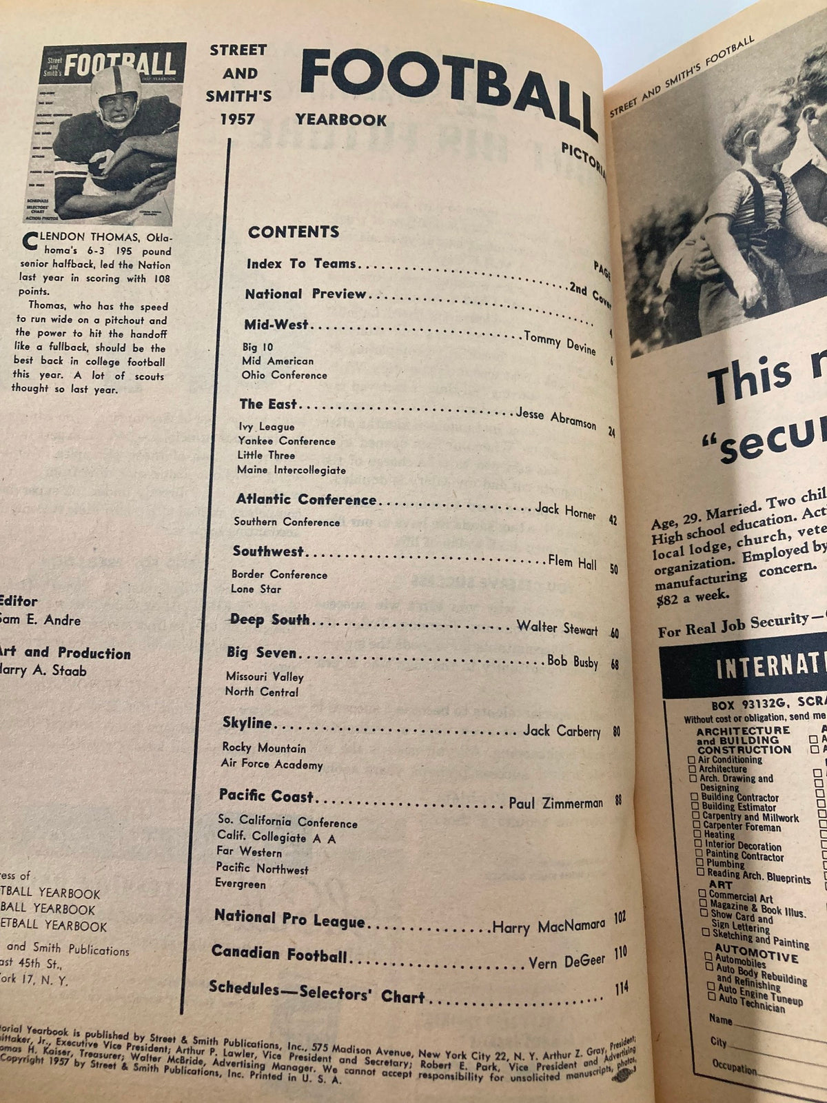 Contents page of Street & Smith's Football 1957 Yearbook, detailing sections on collegiate football teams, statistics, and player highlights including Clendon Thomas.