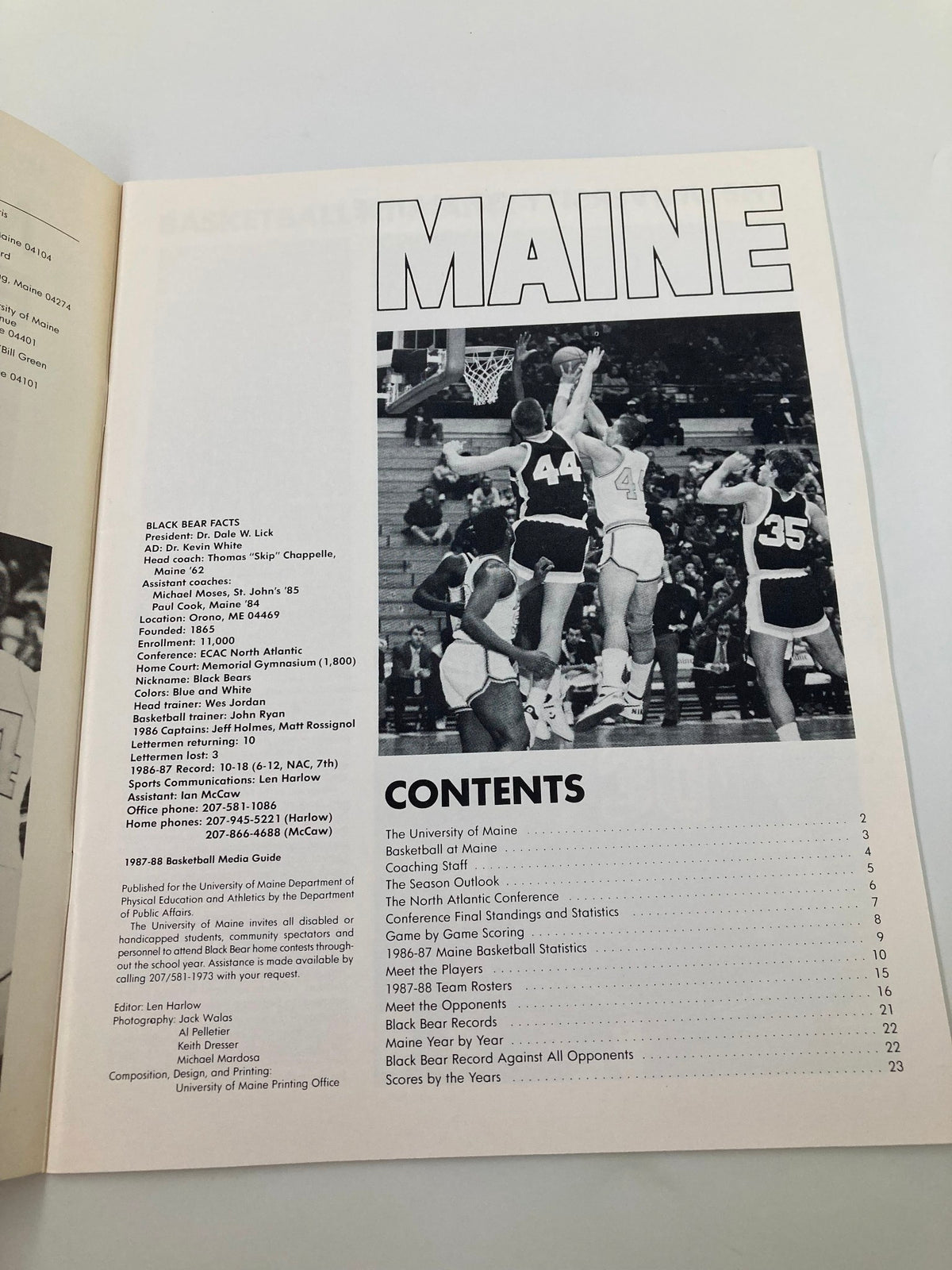 Contents page of the VTG 1987-1988 University of Maine Basketball Yearbook featuring the Maine Black Bears, showcasing players and coaching staff information.