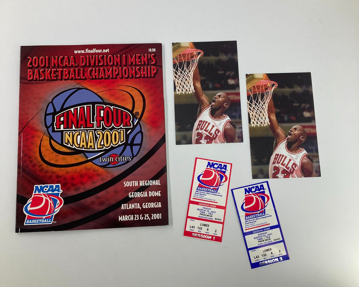 2001 NCAA Division I Men's Basketball Championship Final Four program with Michael Jordan cutouts and game tickets, featuring vibrant cover design.