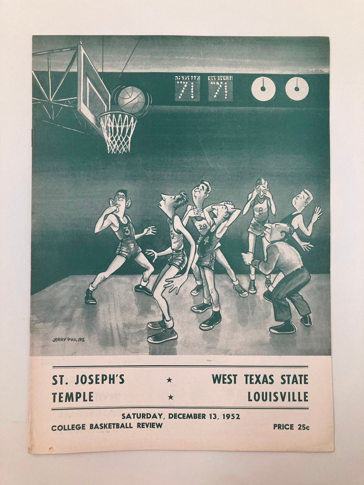 VTG December 13 1952 St. Joseph's Temple vs West Texas State College Basketball program cover featuring an illustrated basketball game scene.