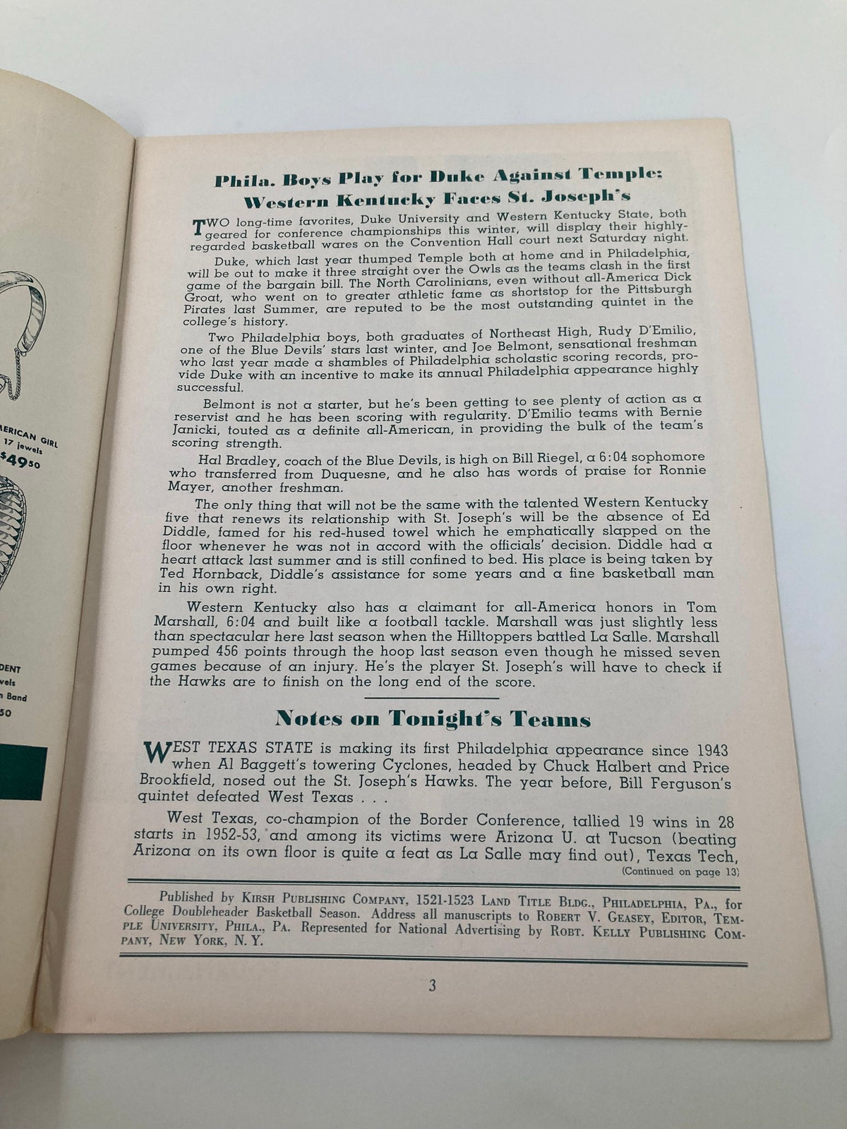 Inside page of the VTG December 13 1952 St. Joseph's Temple vs West Texas State College Basketball program with notes on the teams.