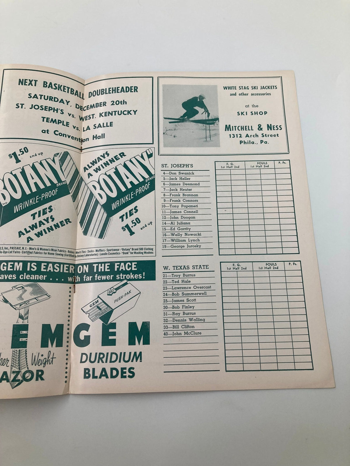Next Basketball Doubleheader advertisement in the VTG December 13, 1952 St. Joseph's Temple vs West Texas State College Basketball program, featuring upcoming games and team information.