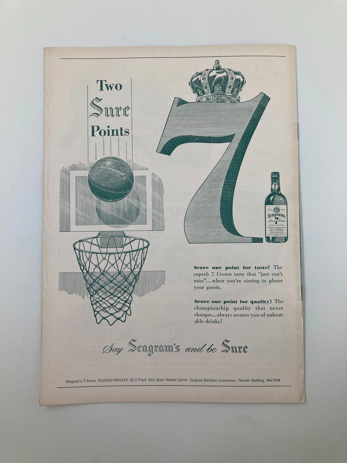 Advertisement promoting Seagram's whiskey in the VTG December 13, 1952 St. Joseph's Temple vs West Texas State College Basketball program, emphasizing quality and enjoyment.