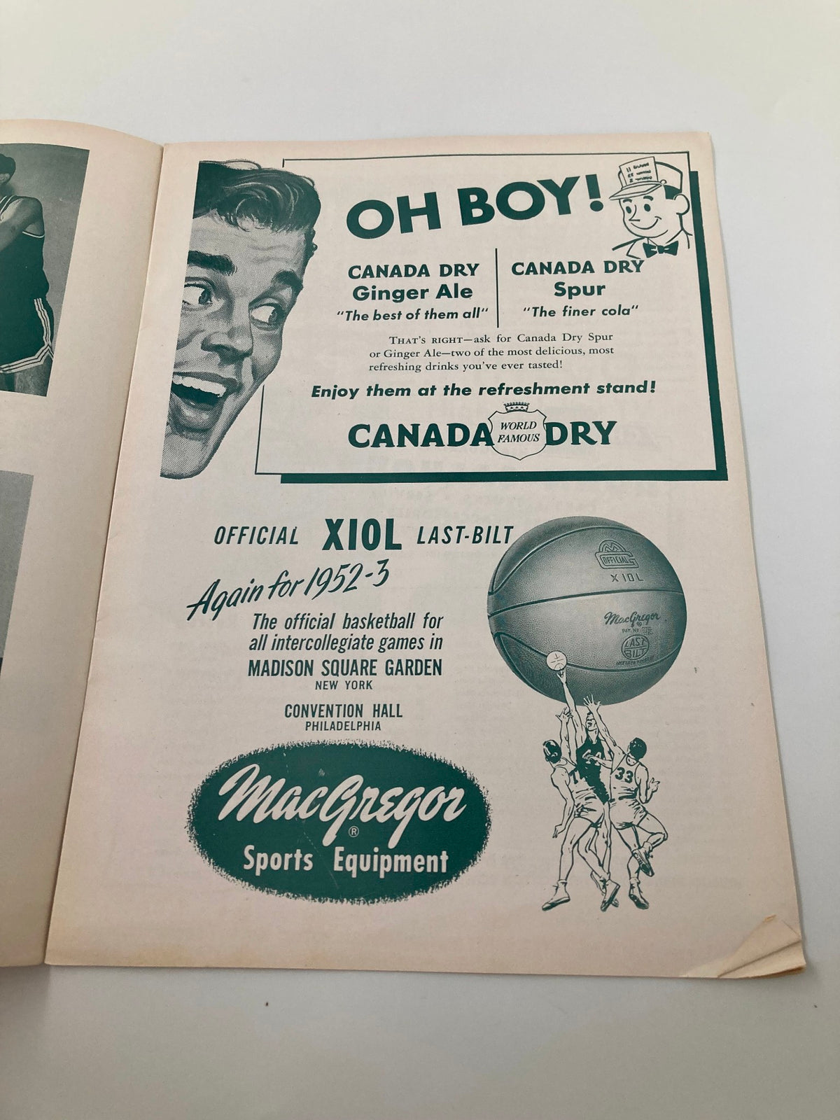 Advertisement page from the VTG December 13 1952 Temple vs Louisville College Basketball Review featuring Canada Dry and MacGregor sports equipment.