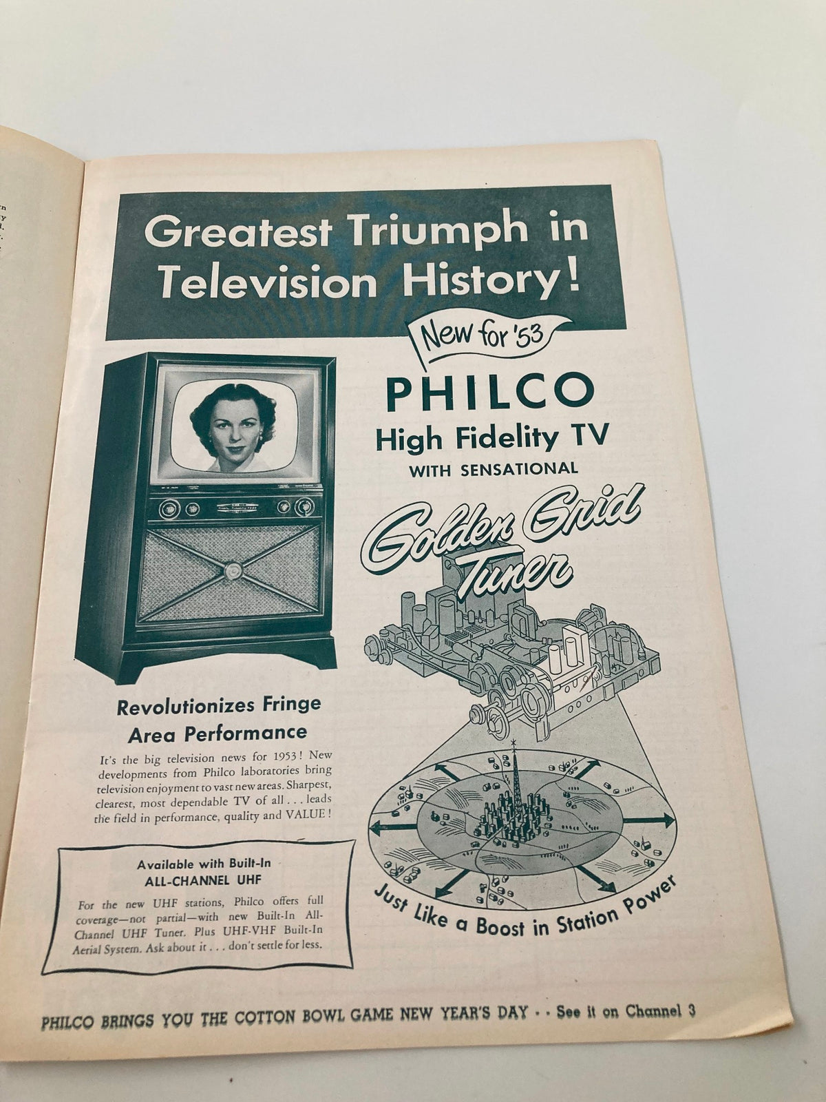 Vintage advertisement for Philco High Fidelity TV showcasing the sensational Golden Grid Tuner, featured in the VTG December 13 1952 Temple vs Louisville College Basketball Review.