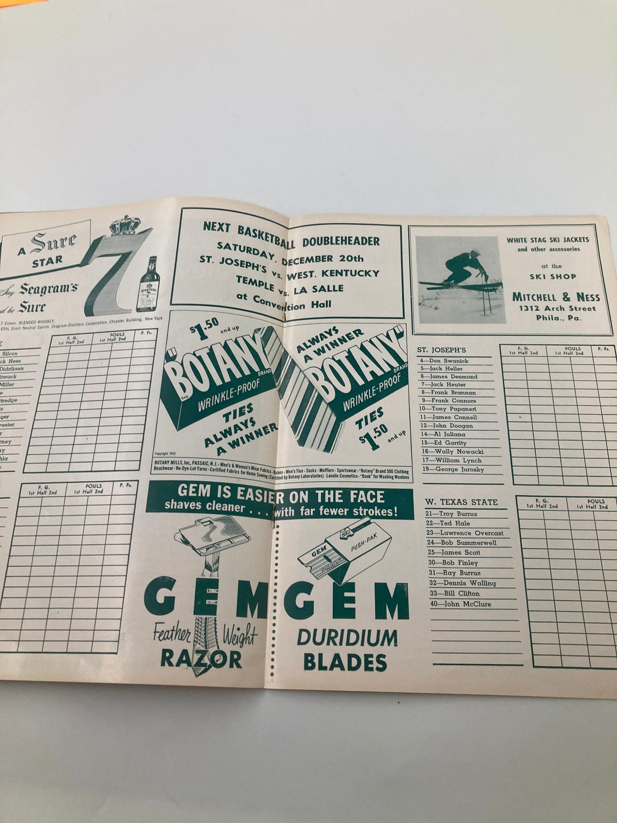 Interior page of vintage basketball program featuring upcoming game details and advertisements, part of the VTG December 13 1952 Temple vs Louisville College Basketball Review.