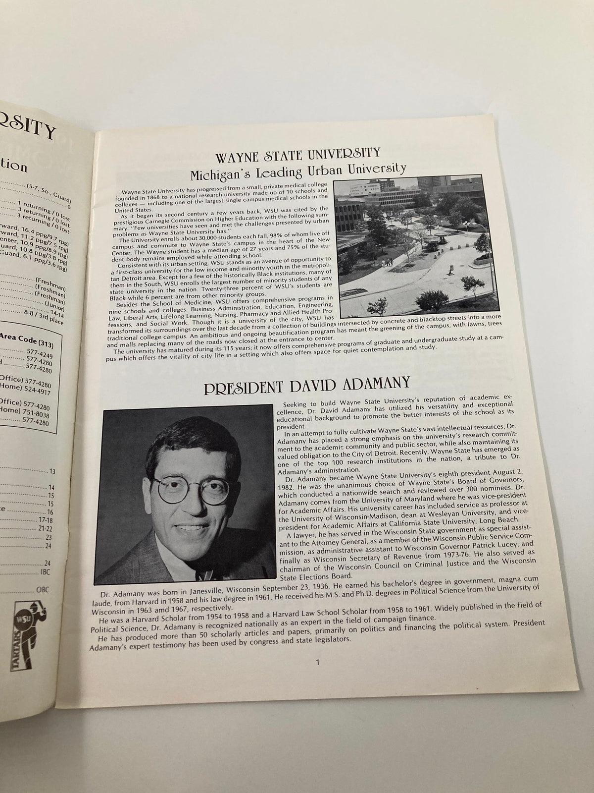 Inner page of the VTG 1983-1984 Wayne State Women's Basketball Program with a photograph of Wayne State University, along with the text about the university.