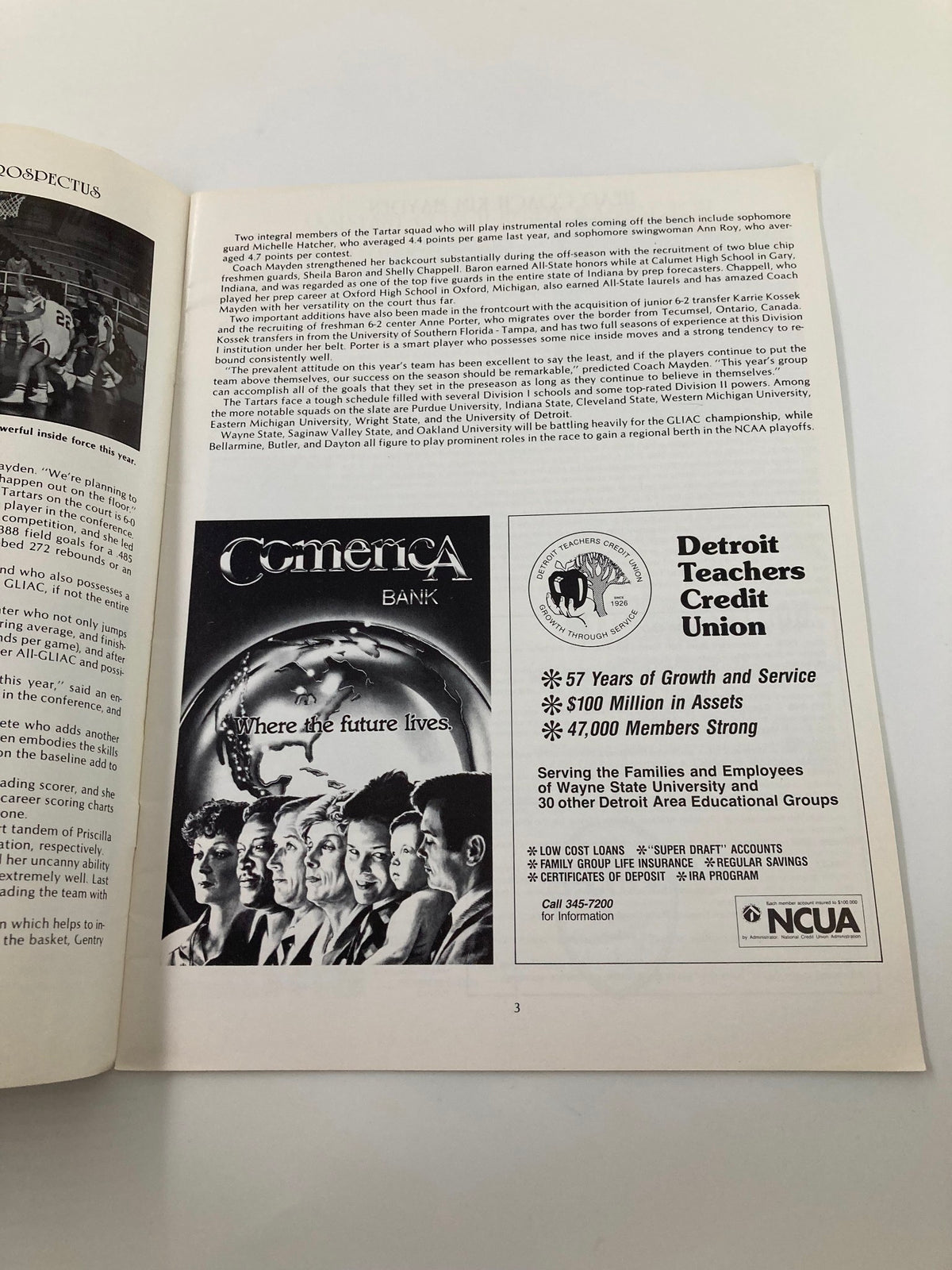 Inner page advertisement from the VTG 1983-1984 Wayne State Women's Basketball Program featuring Comerica Bank and Detroit Teachers Credit Union.