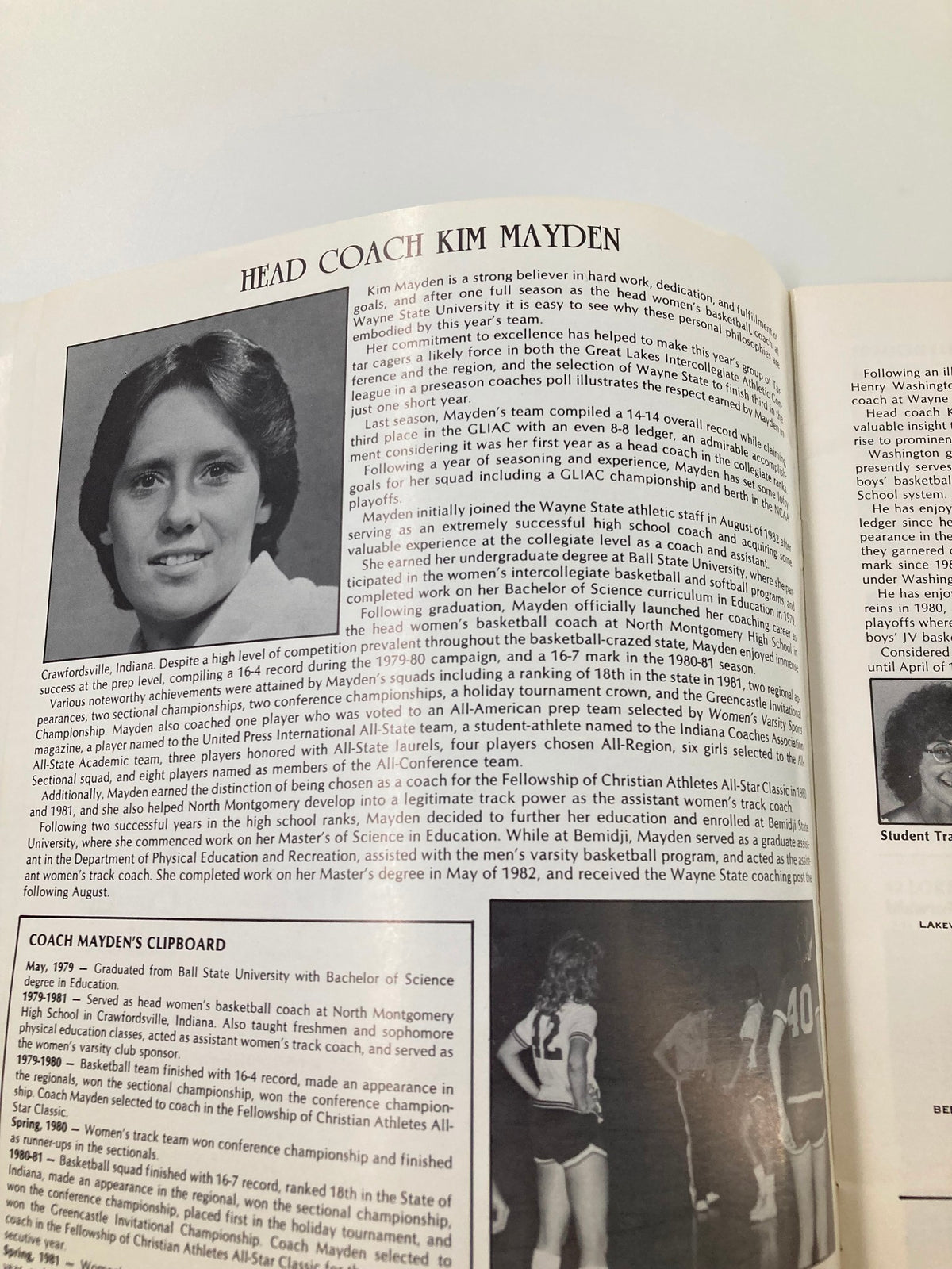 Inner page of the VTG 1983-1984 Wayne State Women's Basketball Program featuring Head Coach Kim Mayden and her coaching philosophy.