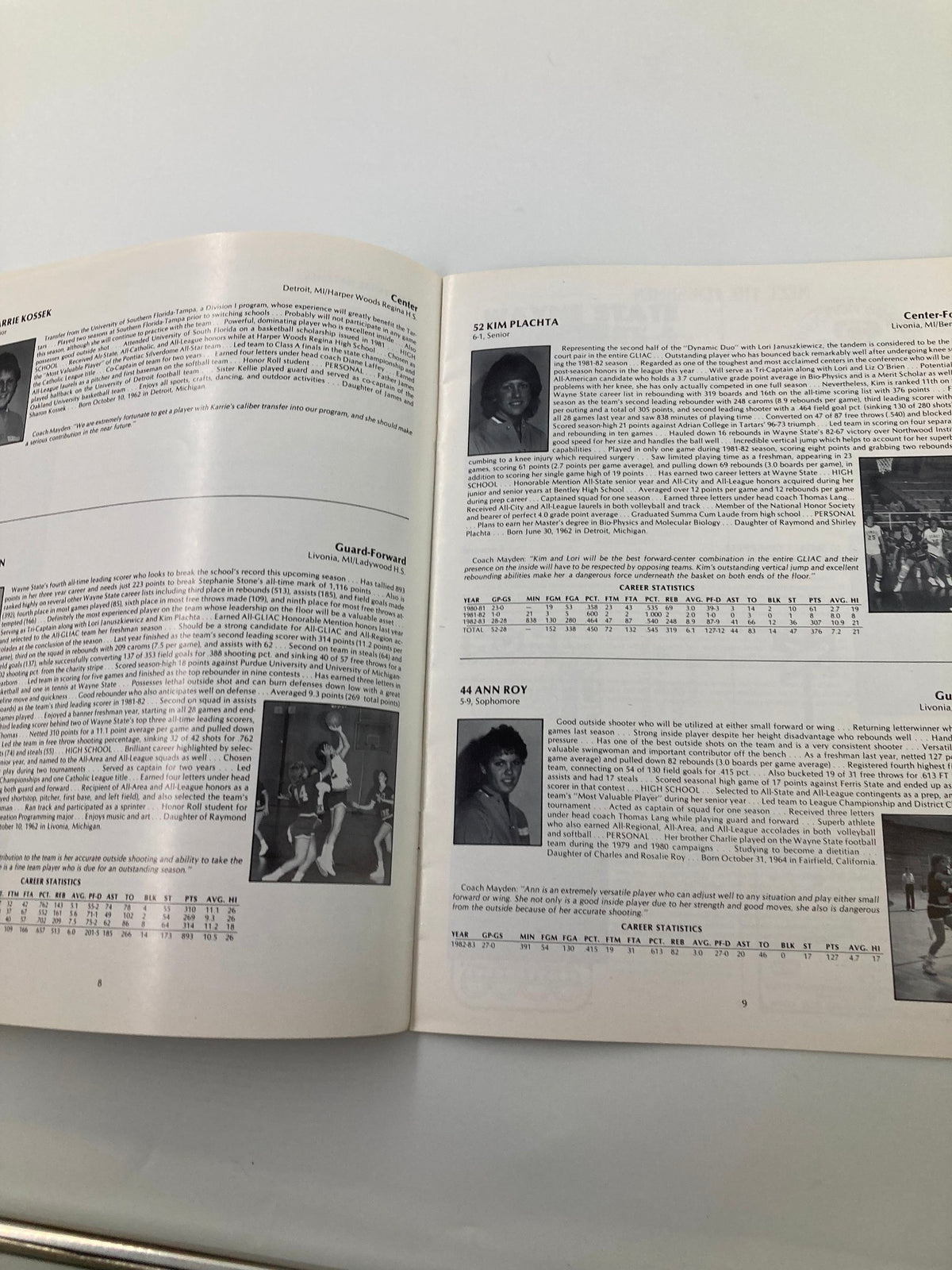 VTG 1983-1984 Wayne State Women's Basketball Program displaying the Tartar profiles of players Kim Plachta and Ann Roy, including player statistics and game history.