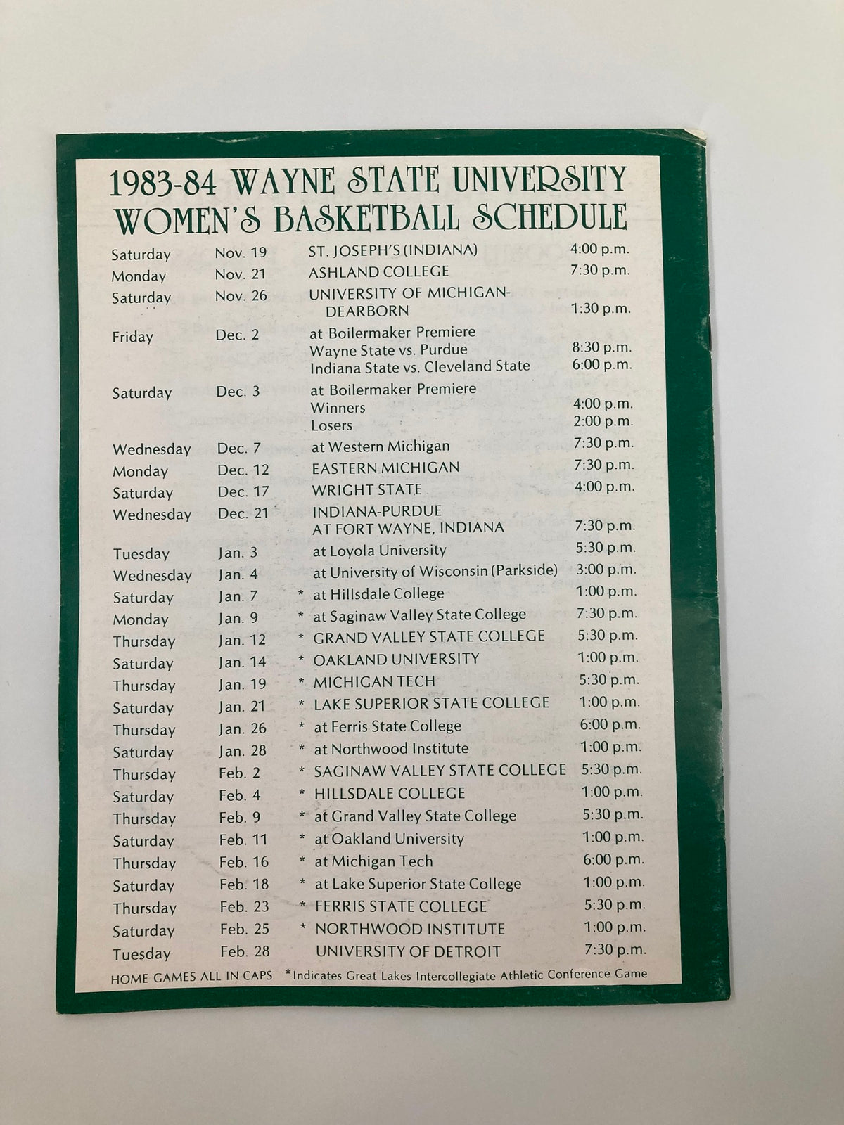 VTG 1983-1984 Wayne State Women's Basketball Program featuring the official 1983-84 women's basketball schedule, listing game dates and opponents for the season.