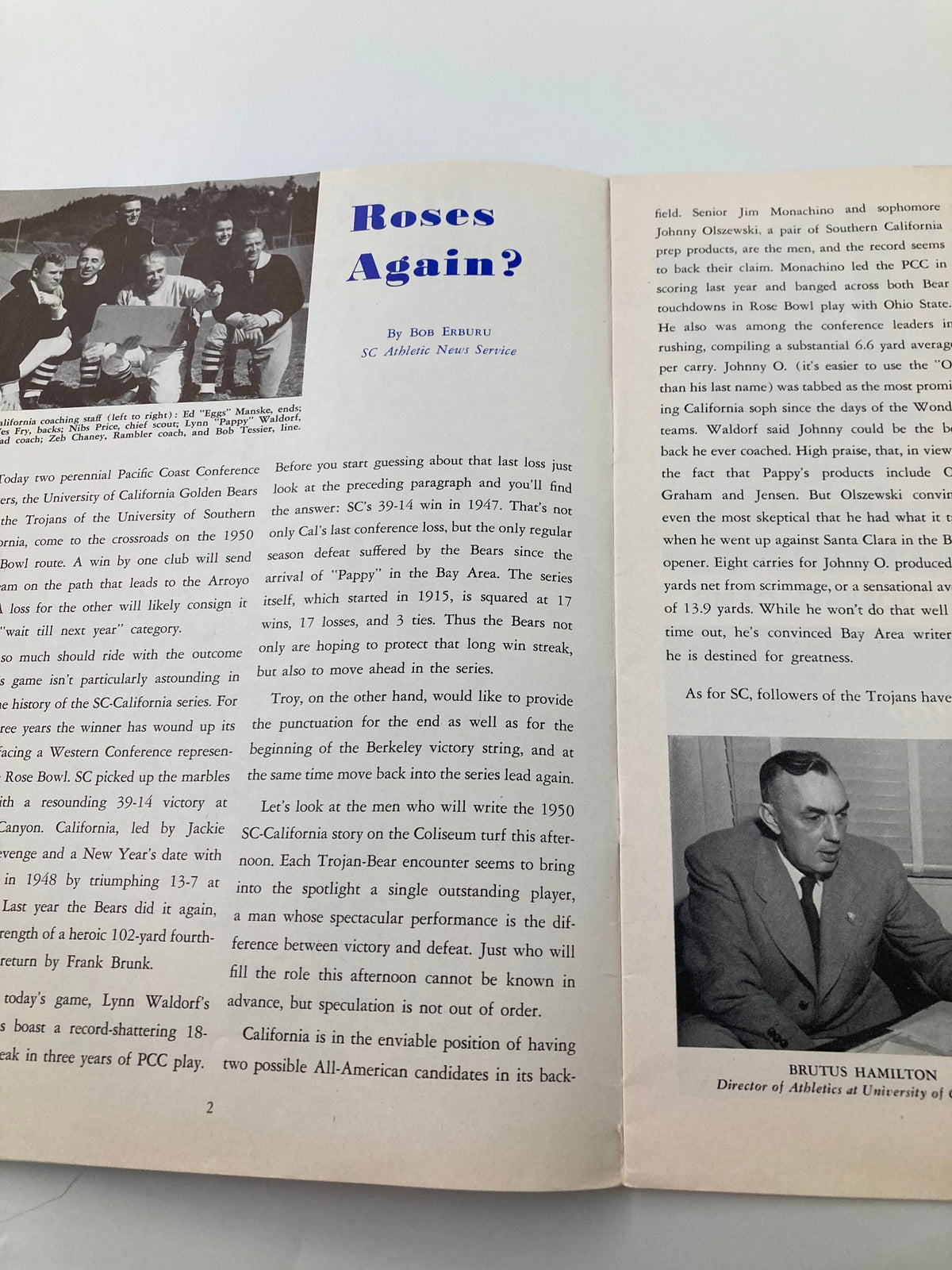 Page from the October 14 1950 NCAA USC Trojans vs California Golden Bears Pigskin Review discussing the Rose Bowl and the impact of previous seasons.