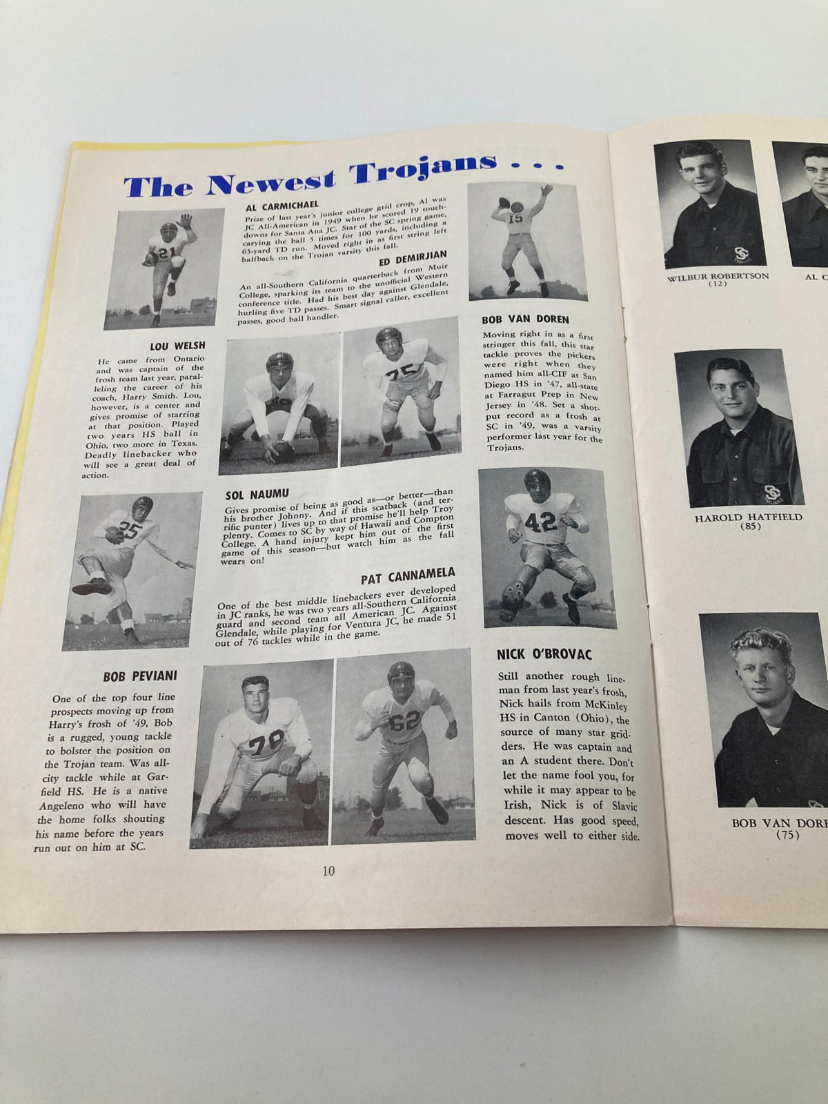 Player profiles page from the October 14 1950 NCAA USC Trojans vs California Golden Bears Pigskin Review featuring new Trojans players, highlighting their stats and backgrounds.