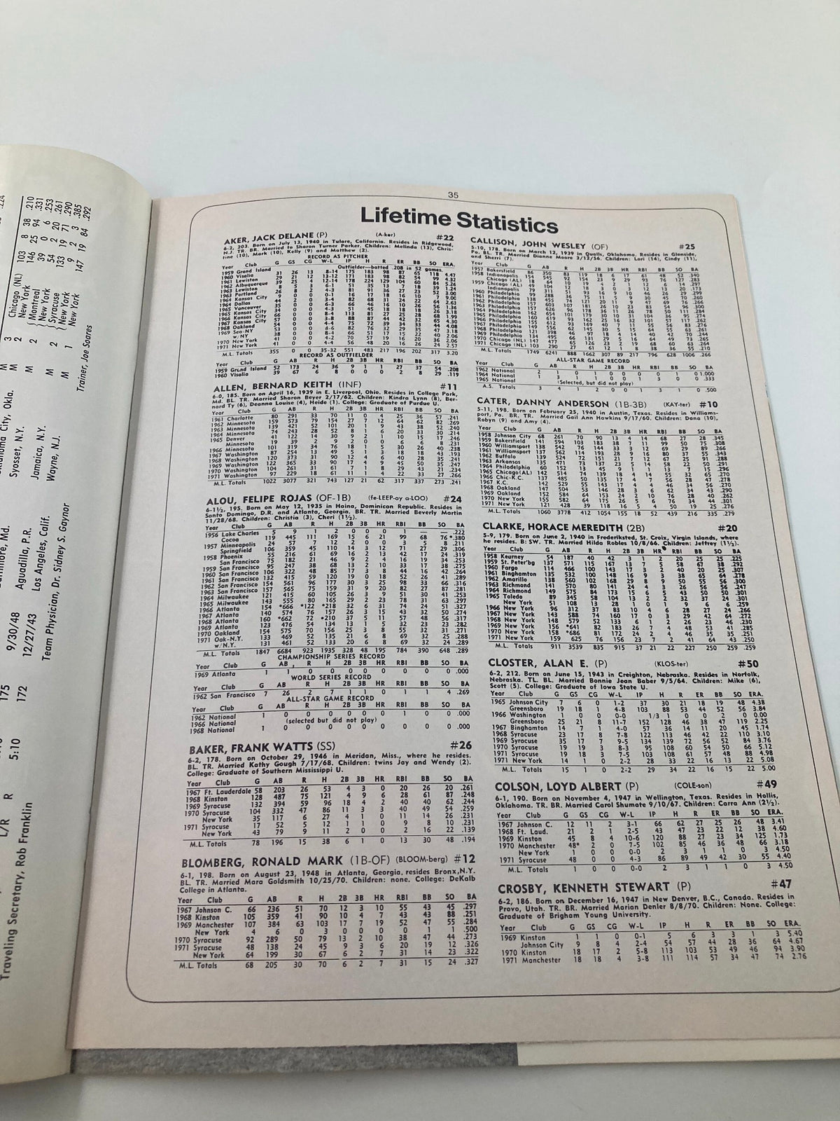 Statistics page from the 1972 MLB New York Yankees Official Yearbook, listing lifetime statistics of various players.