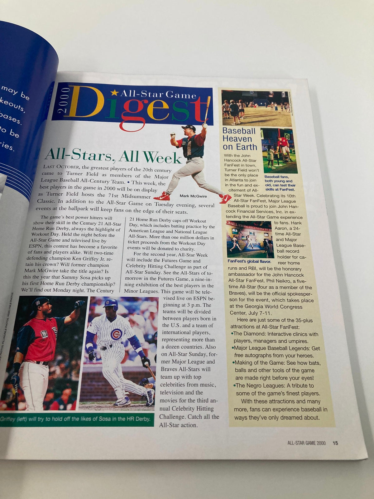 Inside page of the 2000 Major League Baseball All Star Game Official Program detailing the All-Stars and key events of the week.