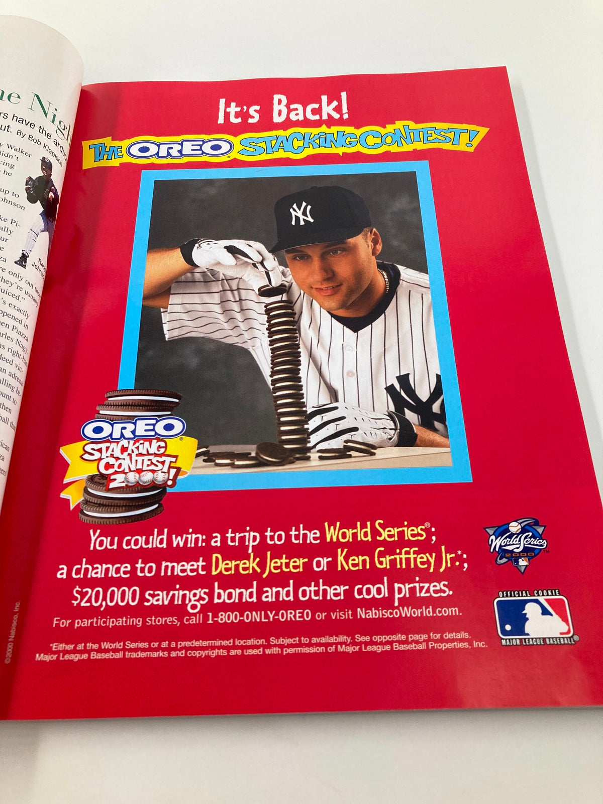 Promotional page from the 2000 Major League Baseball All Star Game Official Program featuring the Oreo Stacking Contest with Derek Jeter.