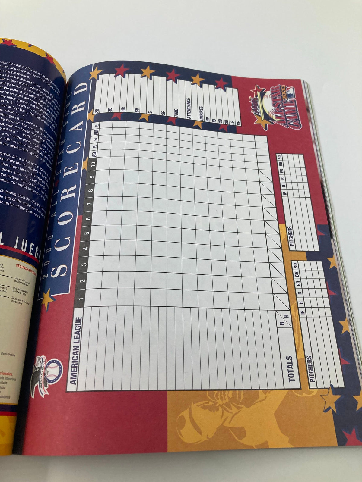 2000 Major League Baseball All Star Game Official Program scorecard layout for the American League, featuring empty score columns and player details.