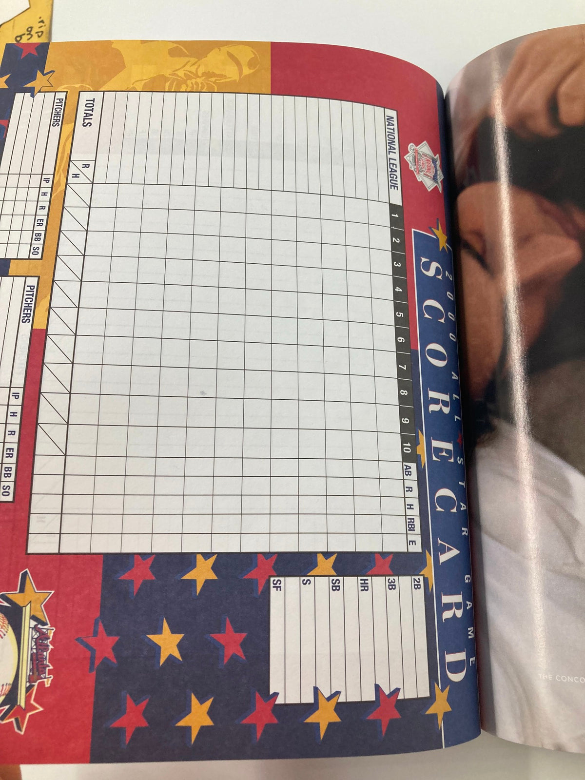2000 Major League Baseball All Star Game Official Program scorecard layout for the National League, showcasing sections for player entries and game totals.