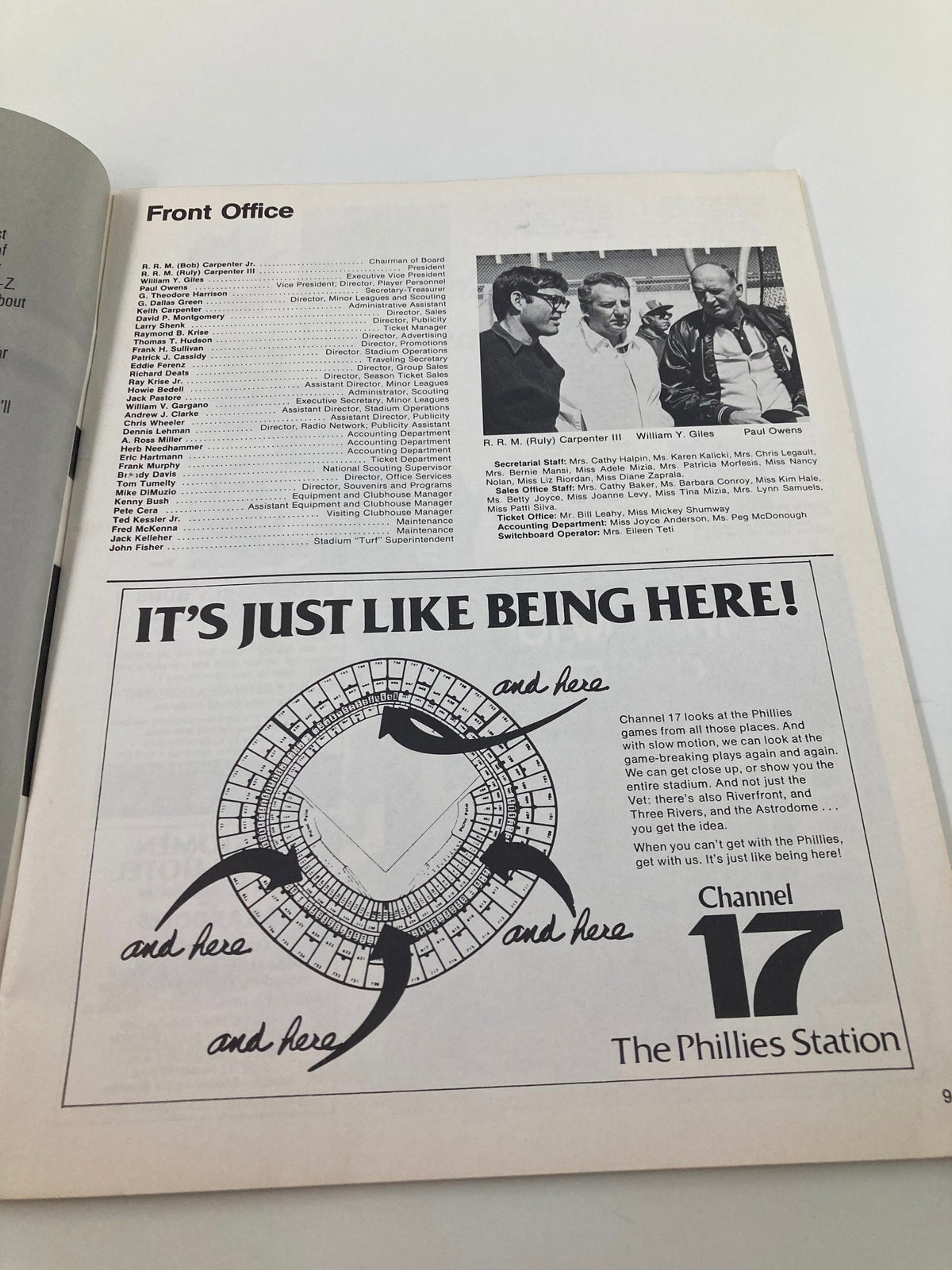 Magazine page from the 1978 Phillies Souvenir Program/Scorecard featuring the front office staff and promotional material for the Phillies Channel 17.