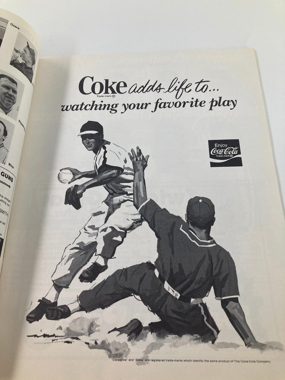 Advertisement in the 1978 MLB Philadelphia Phillies Souvenir Program/Scorecard promoting Coca-Cola with a vintage illustration of players on the field.