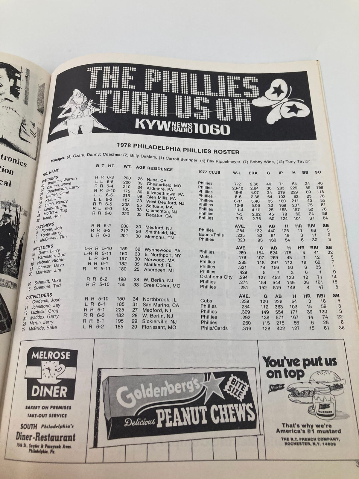 1978 MLB Philadelphia Phillies Souvenir Program displaying the Philadelphia Phillies roster for the 1978 season, including player statistics and team information.