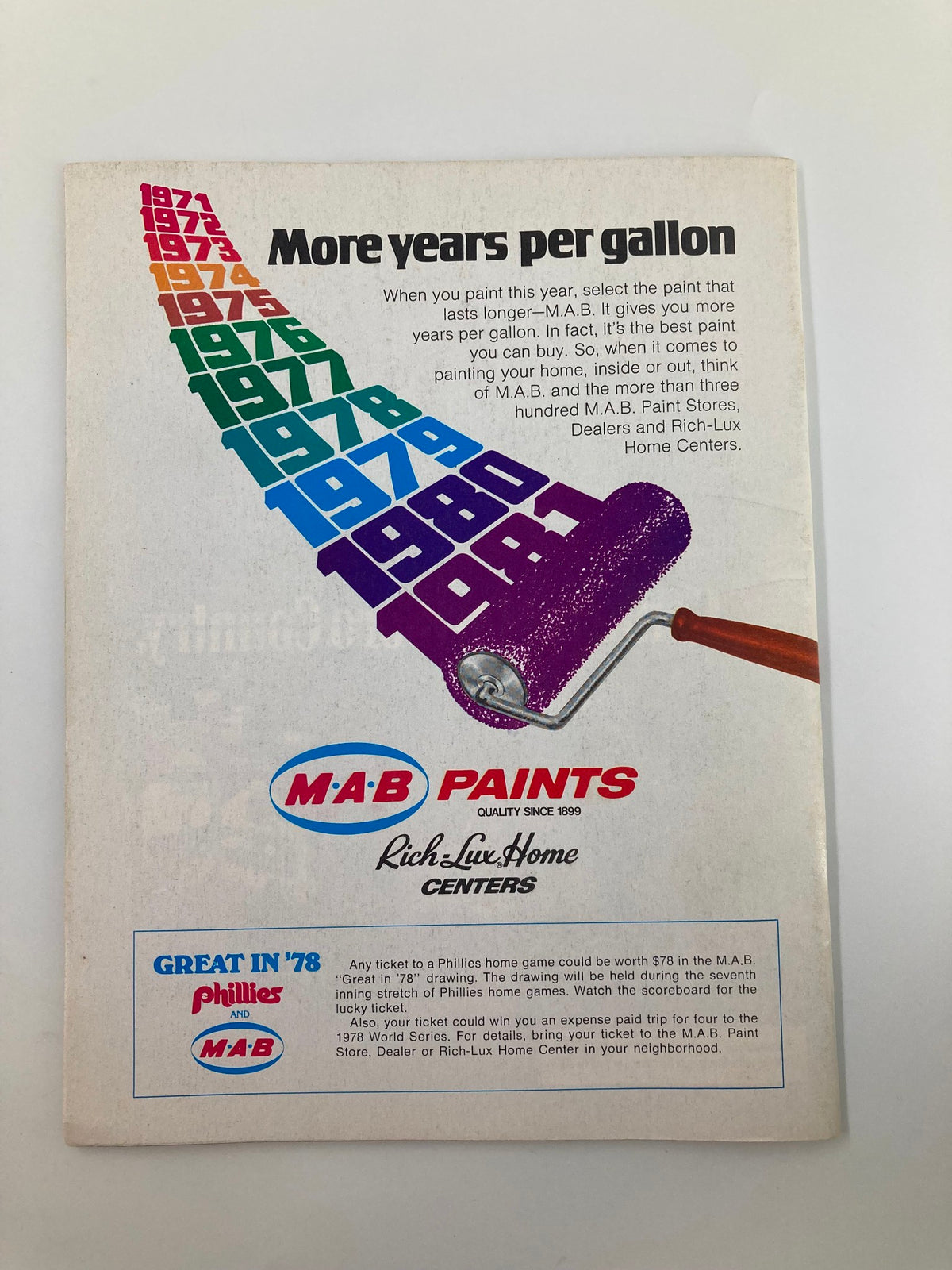1978 MLB Philadelphia Phillies Souvenir Program featuring an advertisement for MAB Paints, promoting their products with a colorful paint roller and encouraging selection based on longevity.