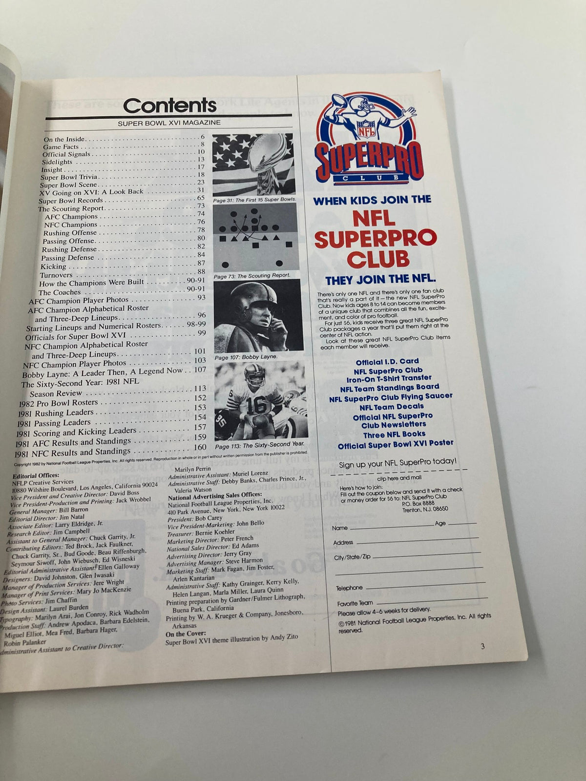 Contents page of the January 24, 1982 NFL Superpro Club Super Bowl XVI Magazine, featuring a list of articles, player statistics, and promotional information about the NFL Superpro Club.
