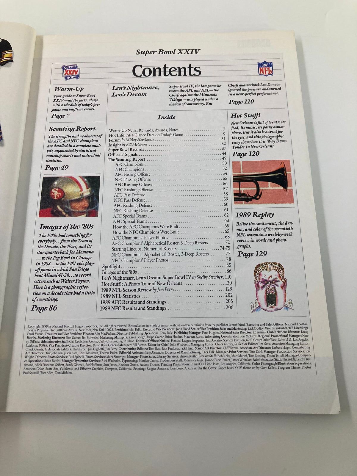 Interior page of the January 28, 1990 NFL Super Bowl XXIV program, displaying the table of contents with sections related to the Denver Broncos and San Francisco 49ers.