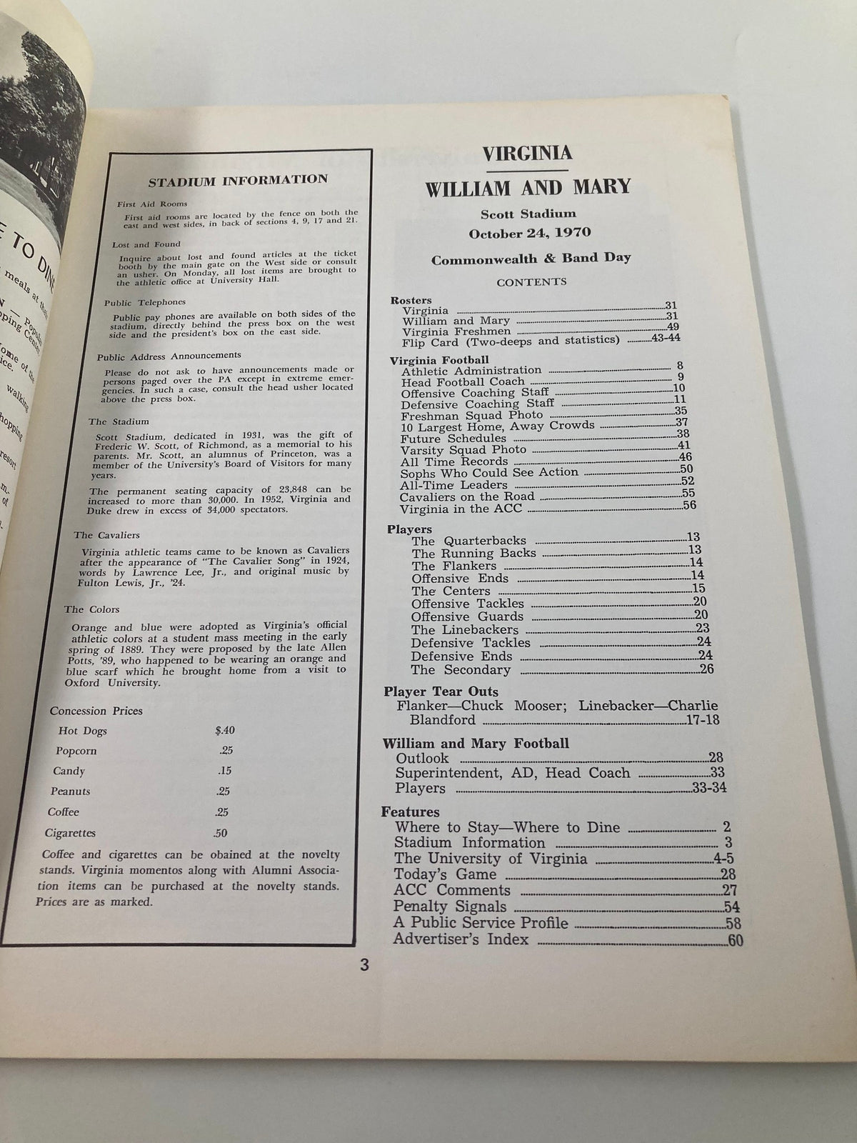 Contents page of the October 24 1970 The College Football Game Virginia-William & Mary Program listing stadium information and key details about the event.