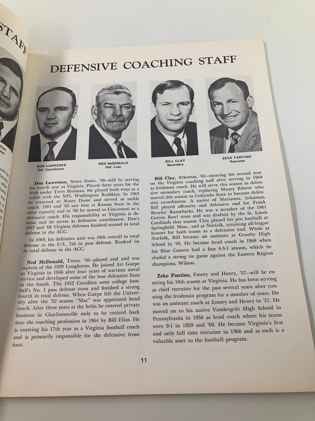 Profiles of the defensive coaching staff from the October 24 1970 The College Football Game Virginia-William & Mary Program highlighting their roles and backgrounds.