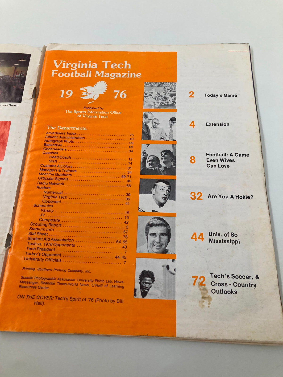 Inside page of the September 18, 1976 Football program for Virginia Tech vs Southern Mississippi, displaying program details and contents.