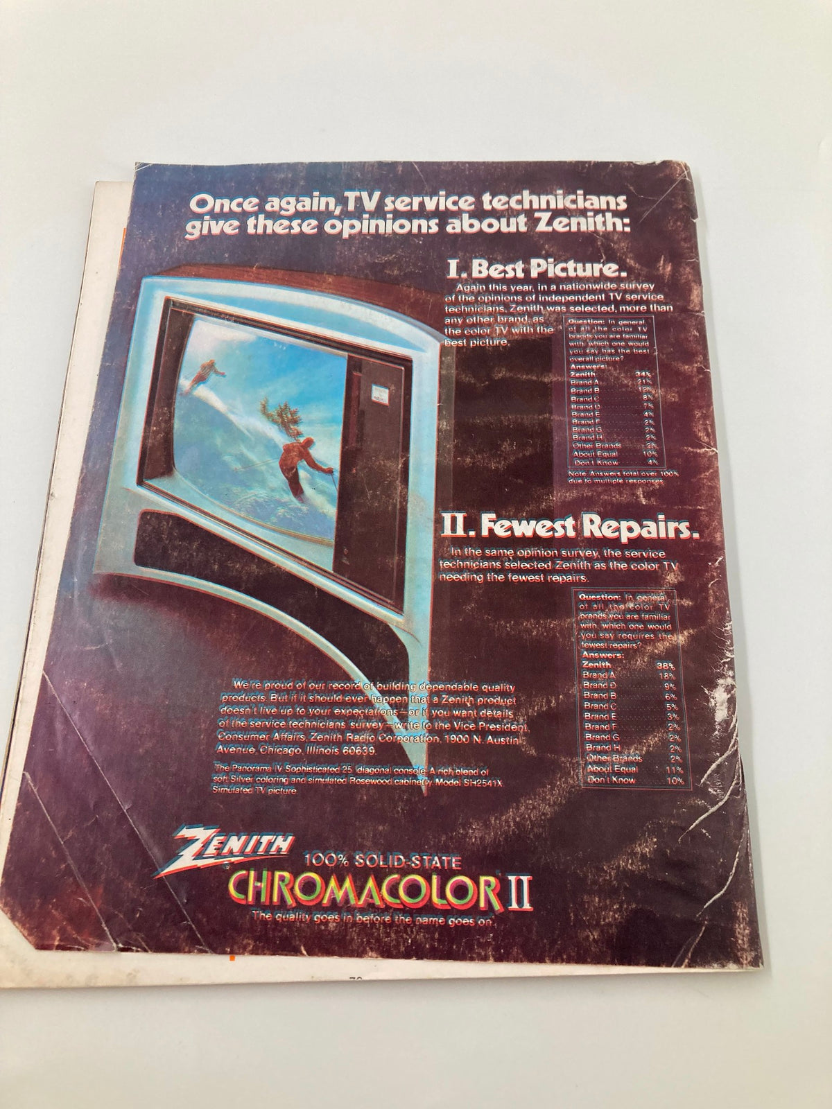September 18 1976 Football Virginia Tech vs Southern Mississippi Official Program back cover displaying an advertisement for Zenith televisions, indicative of the period's marketing style.
