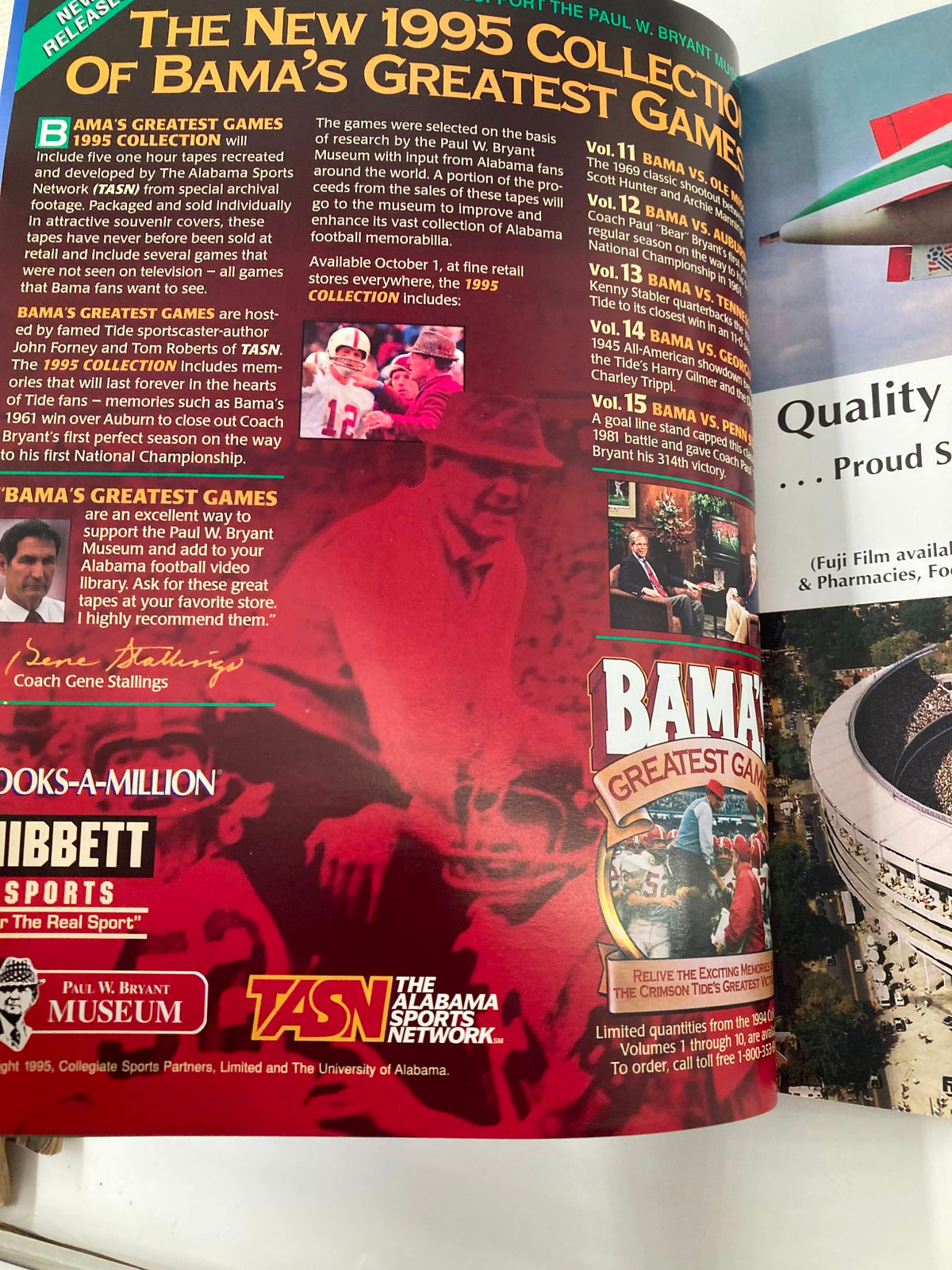 Inside page of 'October 14 1995 The Tennessee Game U. of Alabama Official Souvenir Program' showcasing The New 1995 Collection of Bama's Greatest Games with promotional details and images.
