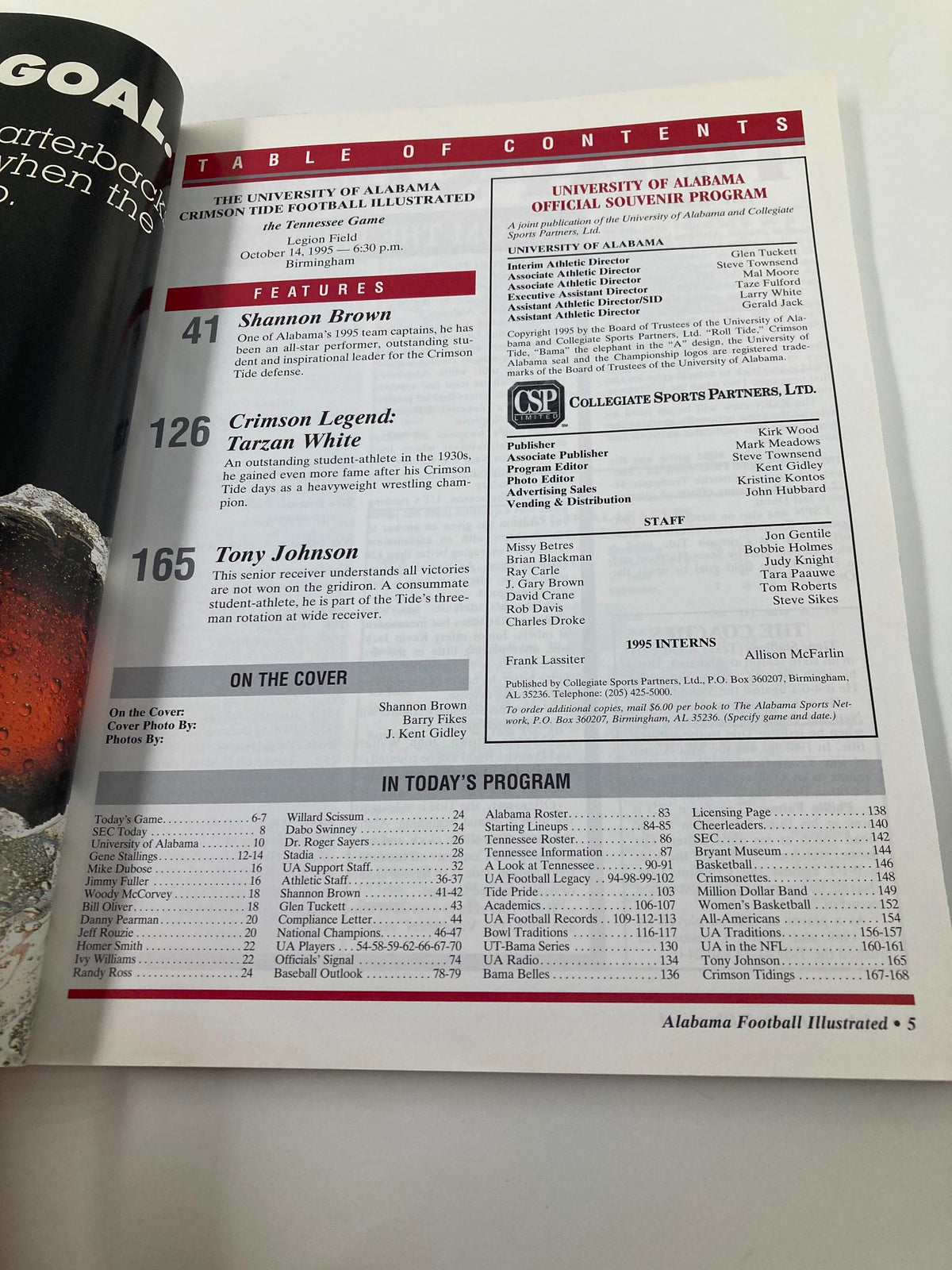 Table of contents page from 'October 14 1995 The Tennessee Game U. of Alabama Official Souvenir Program' listing key features and players including Shannon Brown and Tarzan White.
